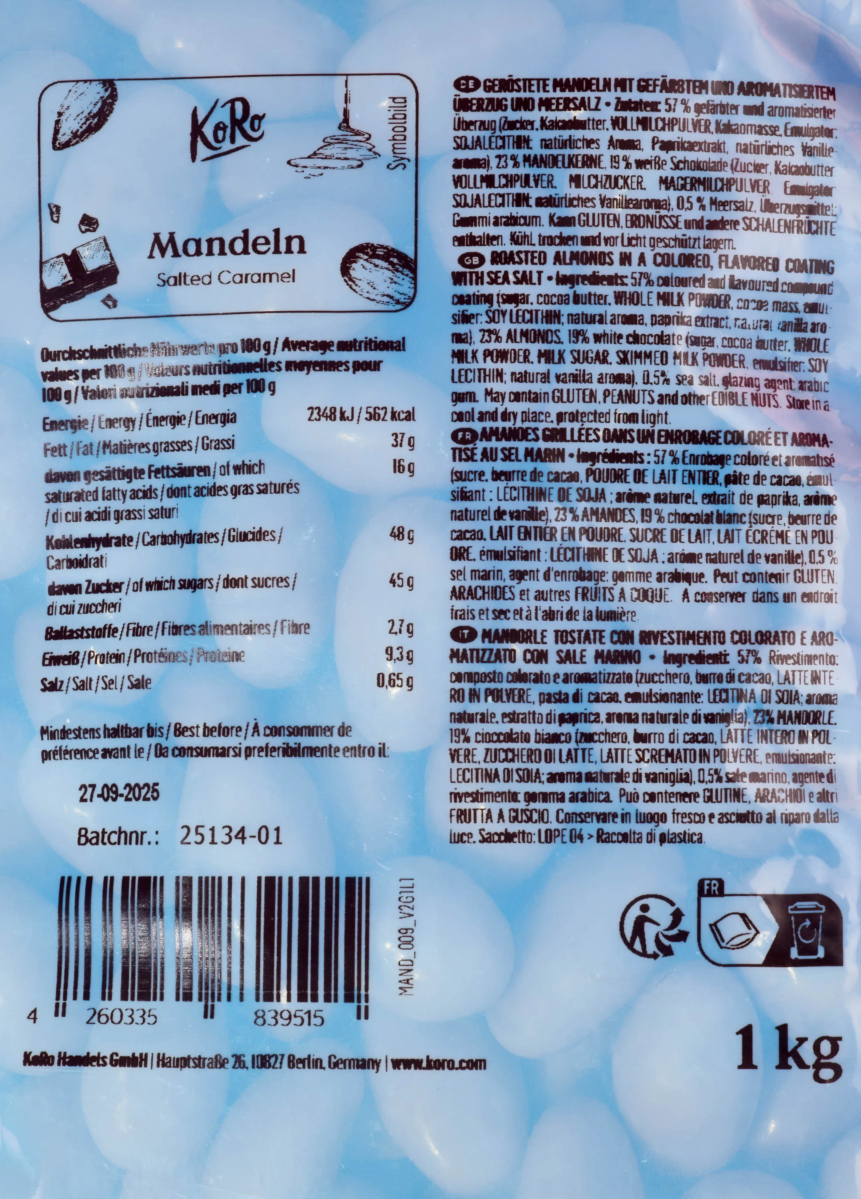 l' arrière d' un sac de mandeln au caramel salé de 1 kg