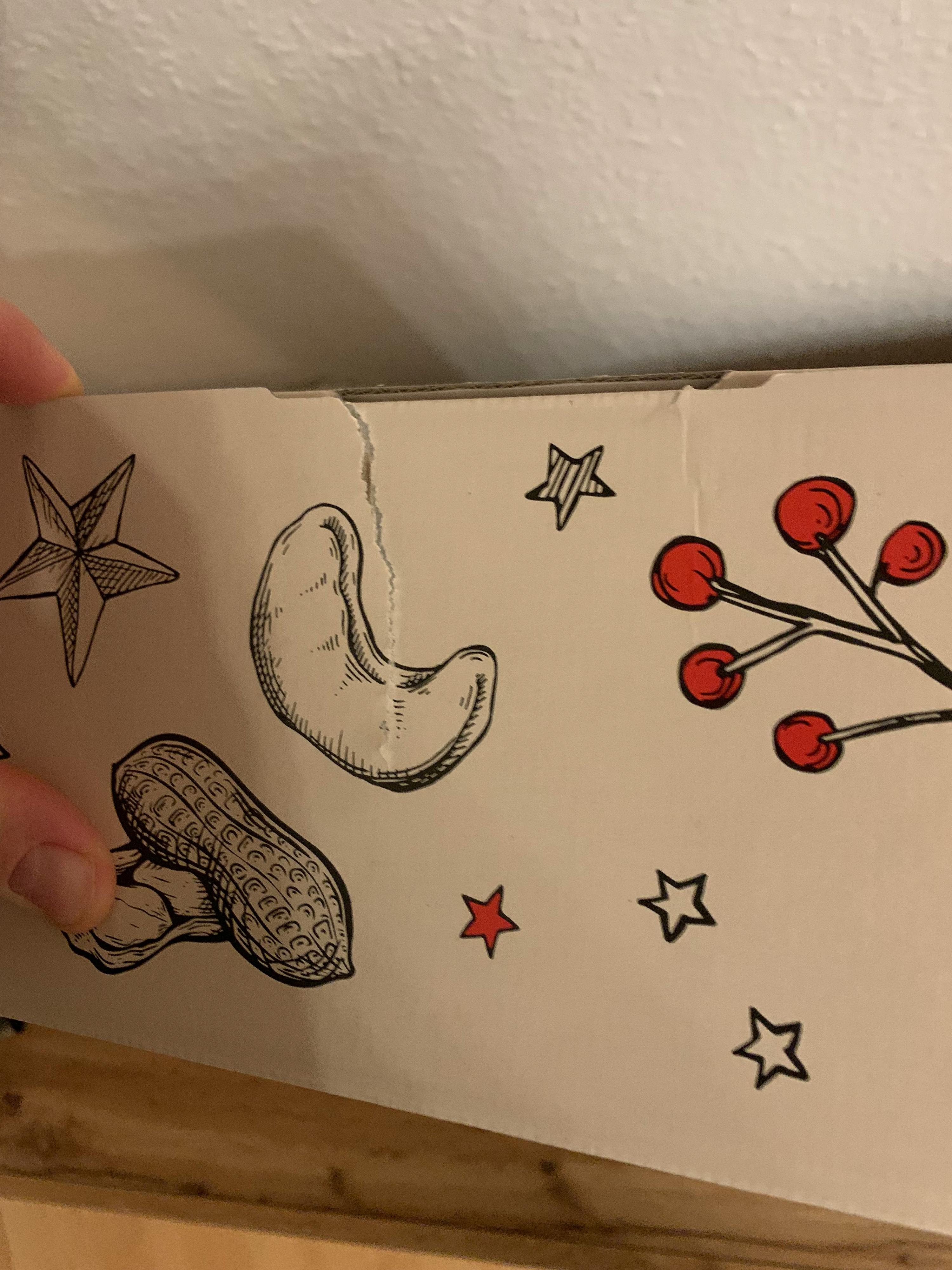 eine Person hält ein Stück Papier mit einer Zeichnung von Erdnüssen und Kirschen darauf