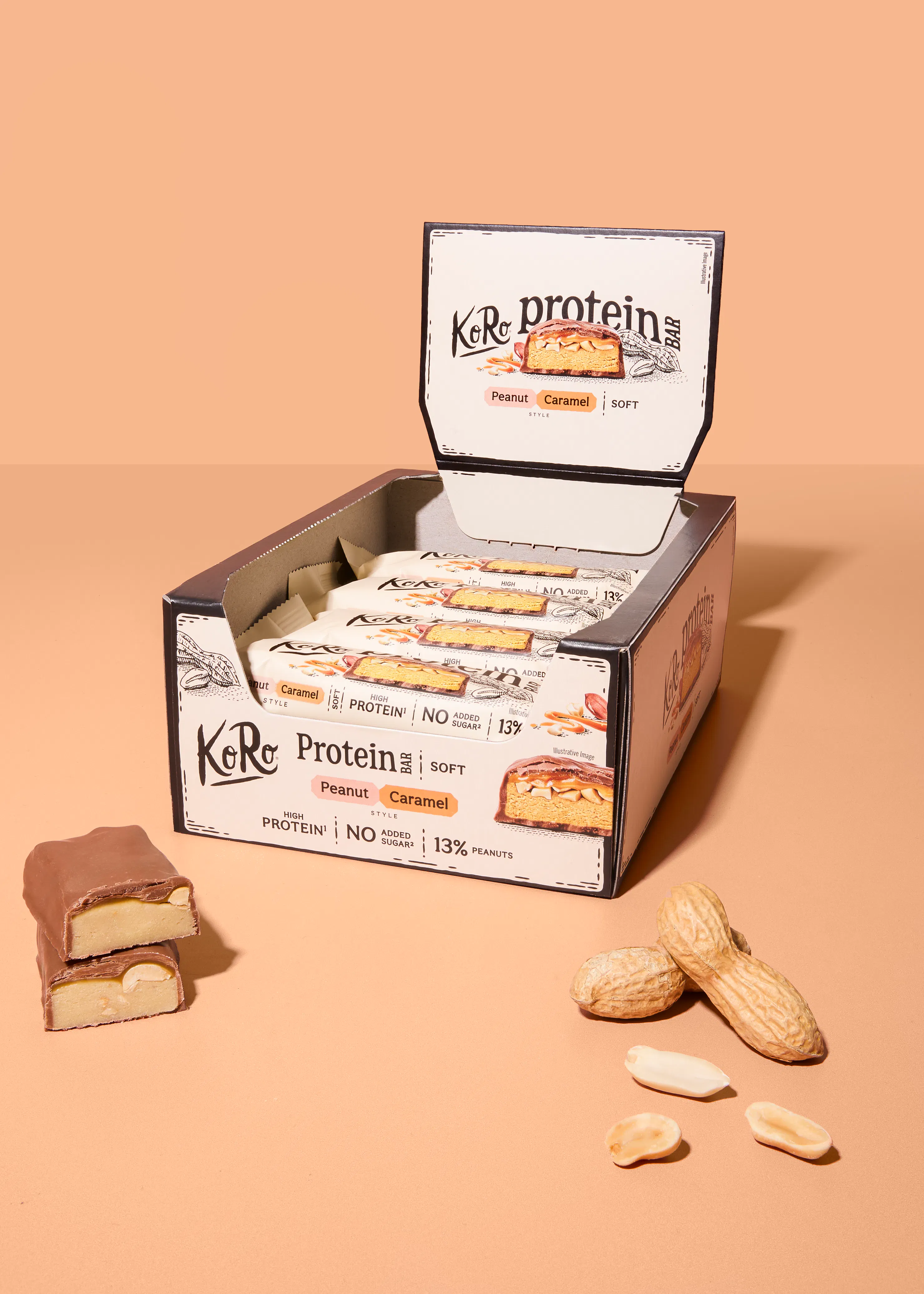 eine offene schachtel mit koro proteinriegeln in der geschmacksrichtung erdnuss-karamell, daneben liegen zwei angeschnittene riegel und einige erdnüsse.