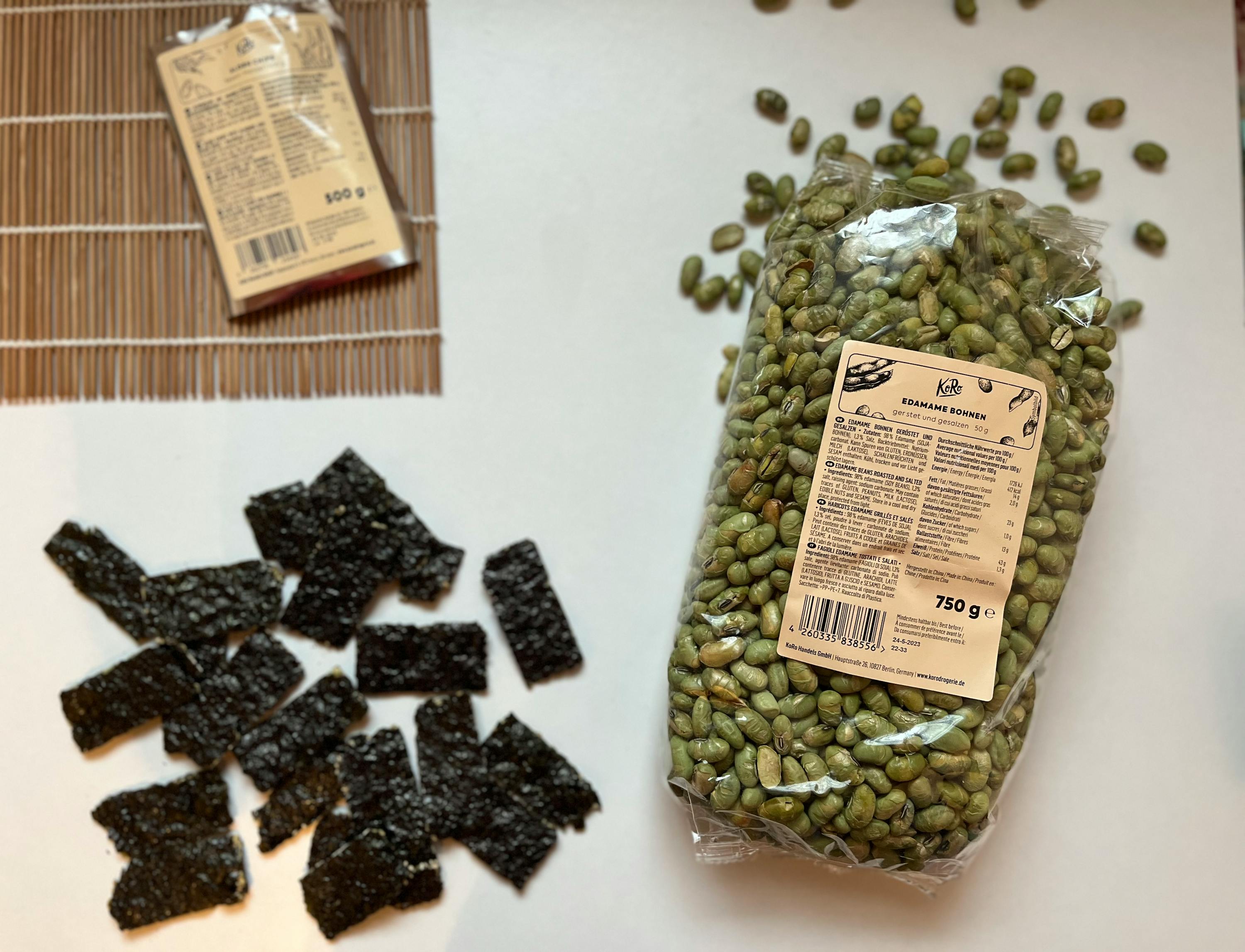 a bag of green beans next to a bag of seaweed