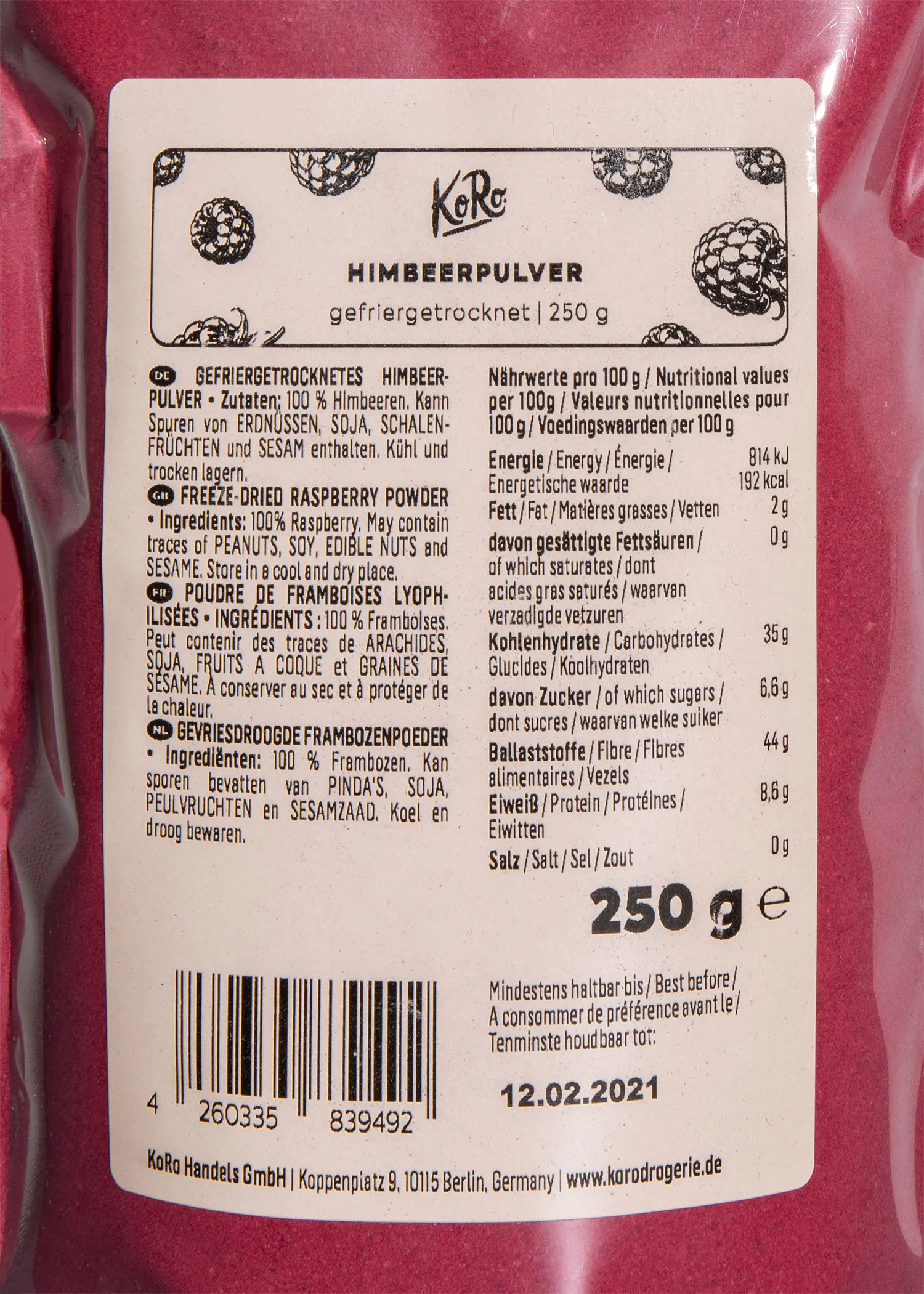 l' arrière d' un sac de 250 g de poudre de framboise