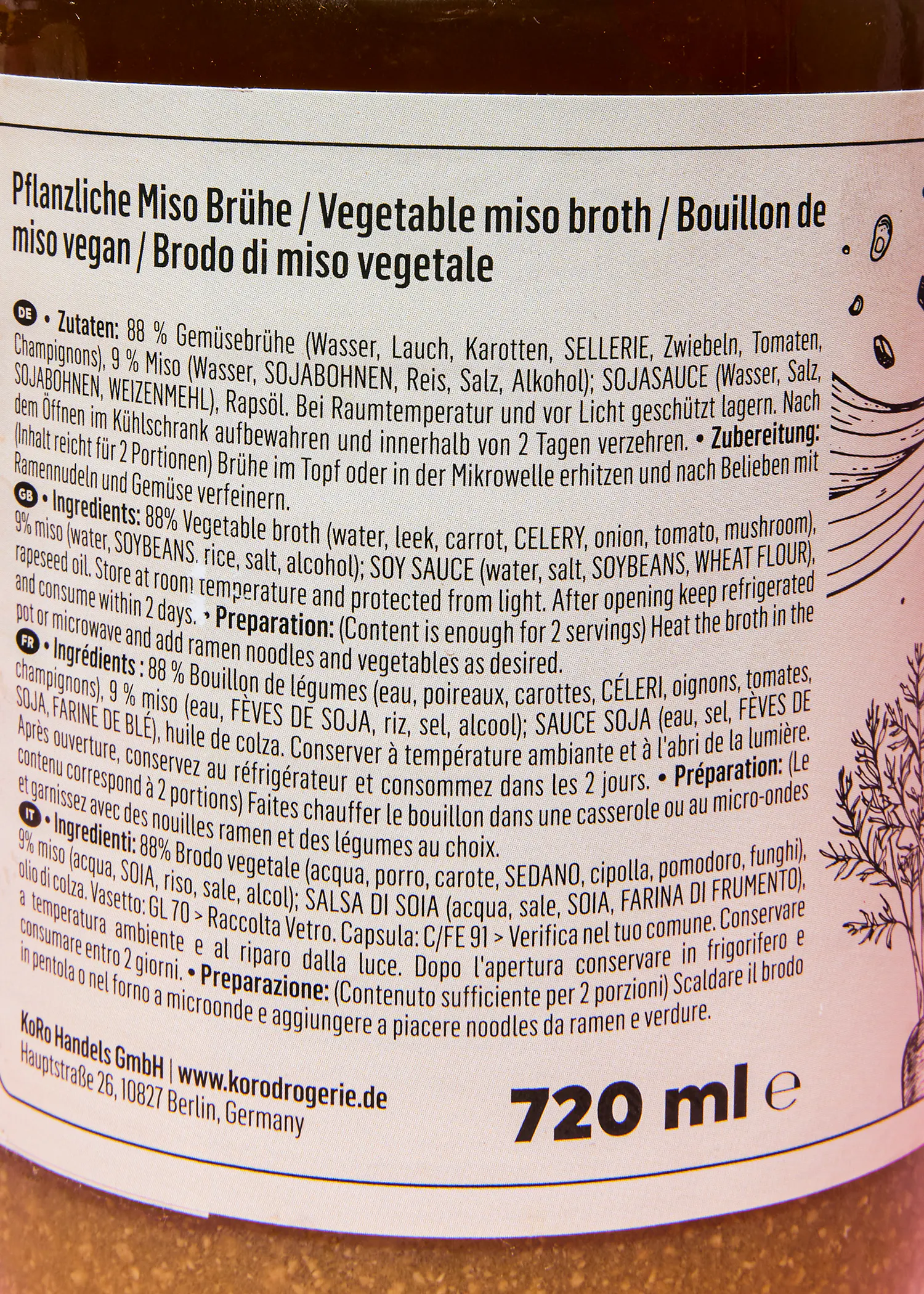 die Rückseite einer 720-ml-Flasche pflanzliche miso Brühe