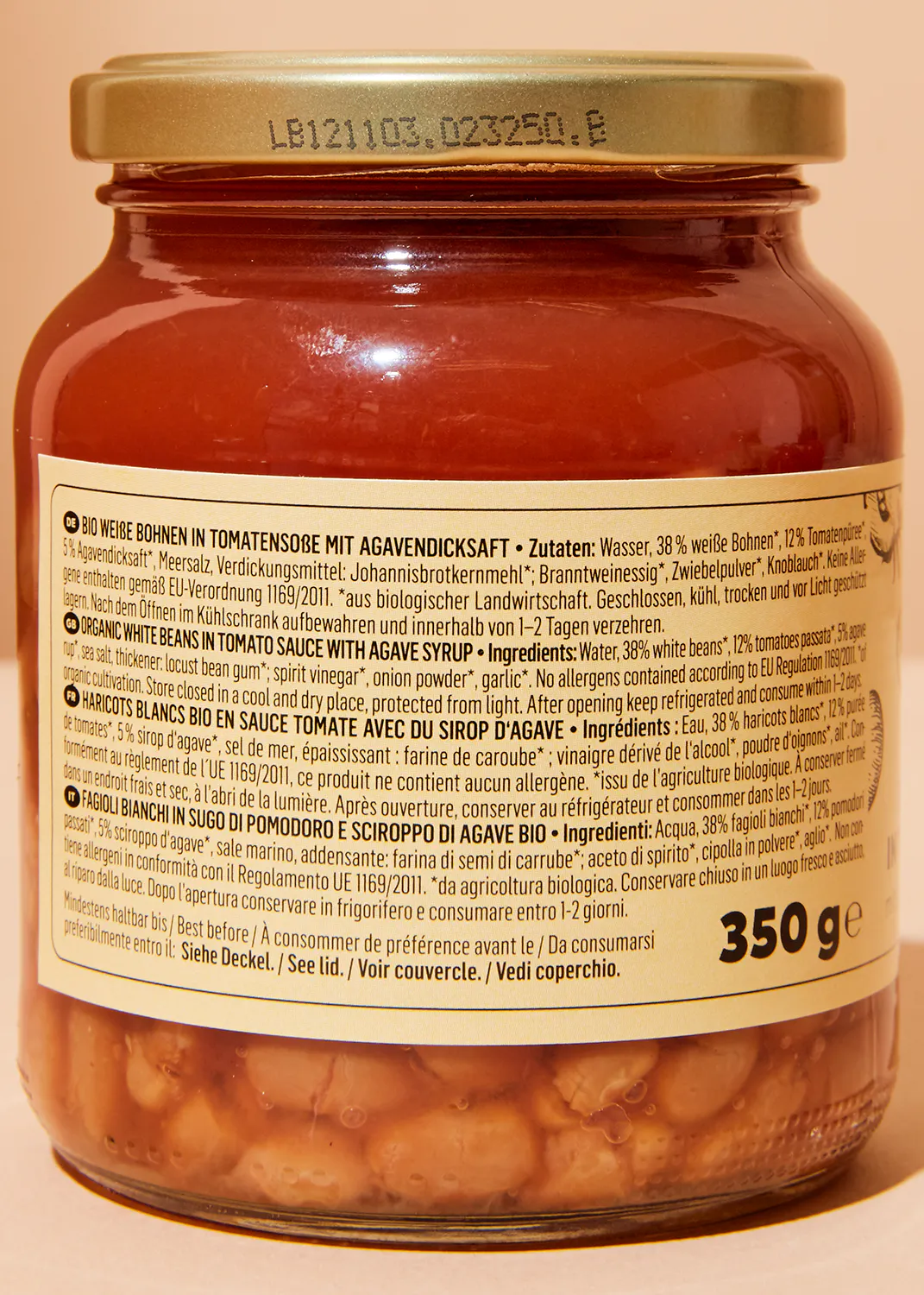 die Rückseite eines Glases mit 350 g Bohnen