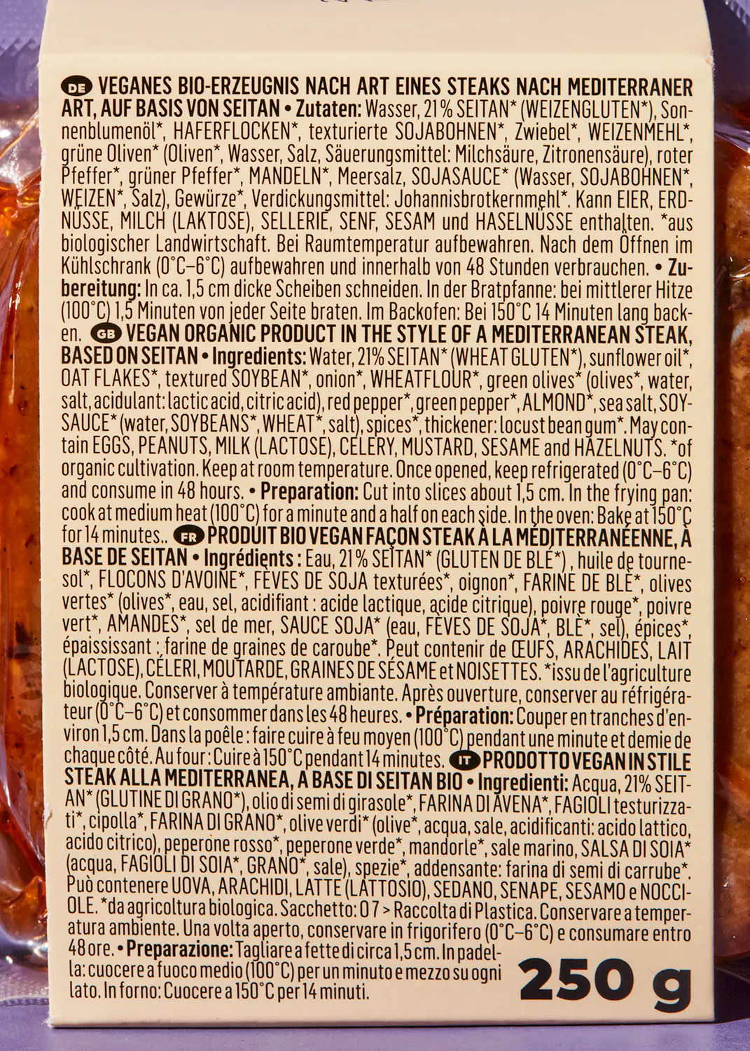 die Rückseite einer Packung 250g veganes bio-erzeugnis nach art eines steaks nach mediterraner art auf basis von seitan