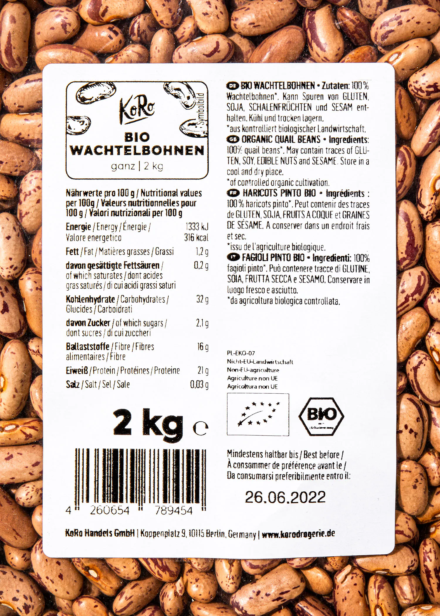 the back of a 2 kg container of beans