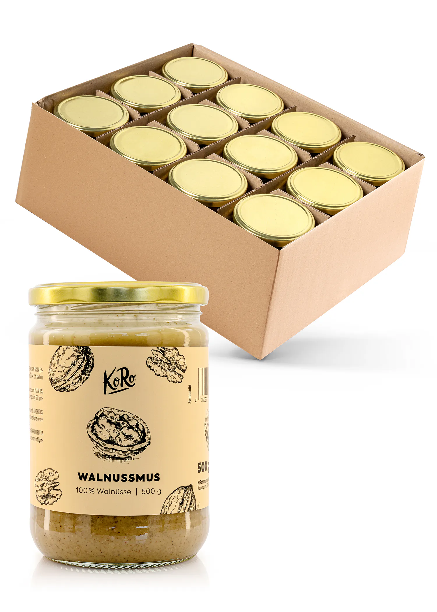 a jar of walnutmus sits next to a cardboard box