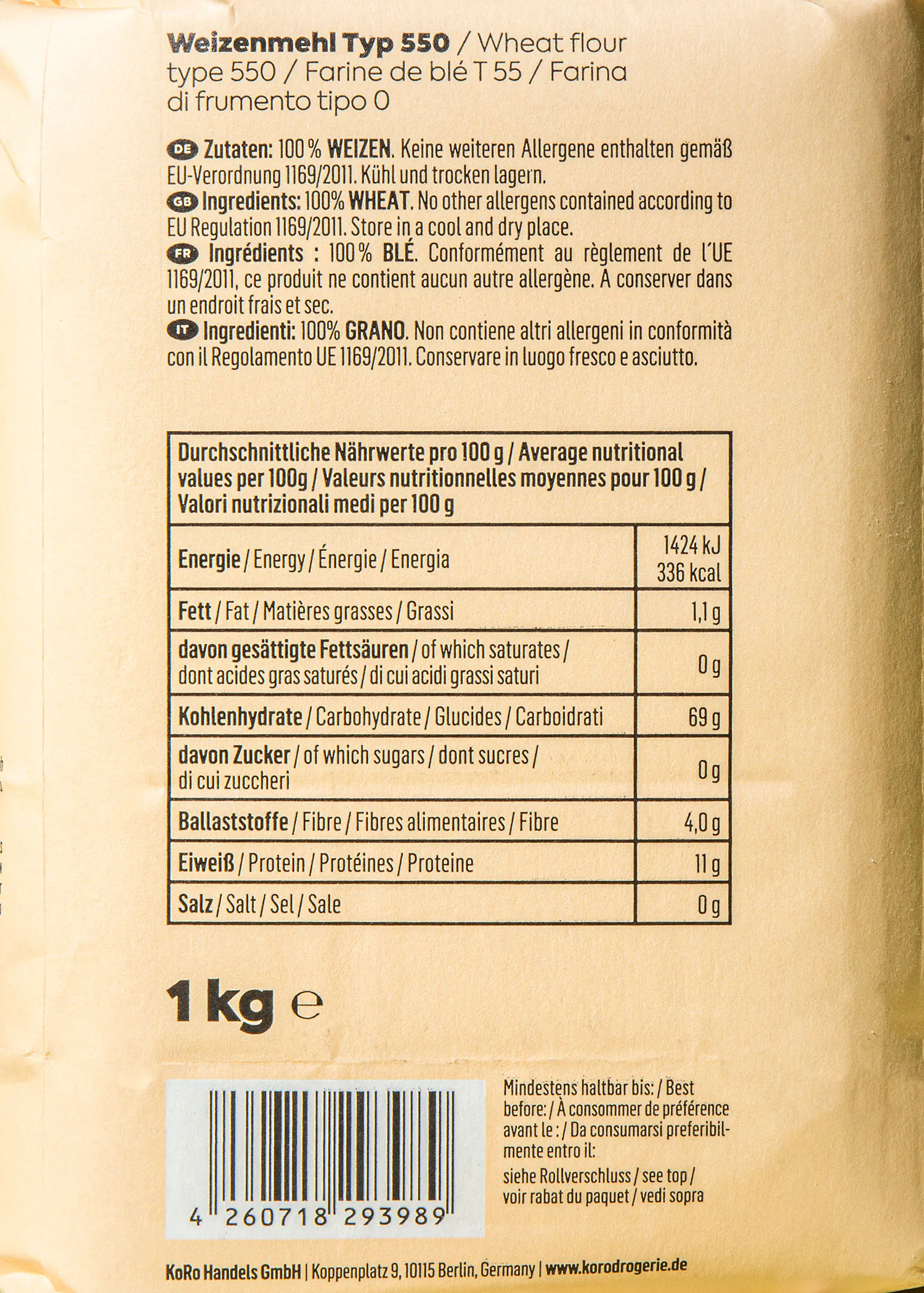 l' arrière d' une boîte de farine de blé de 1 kg