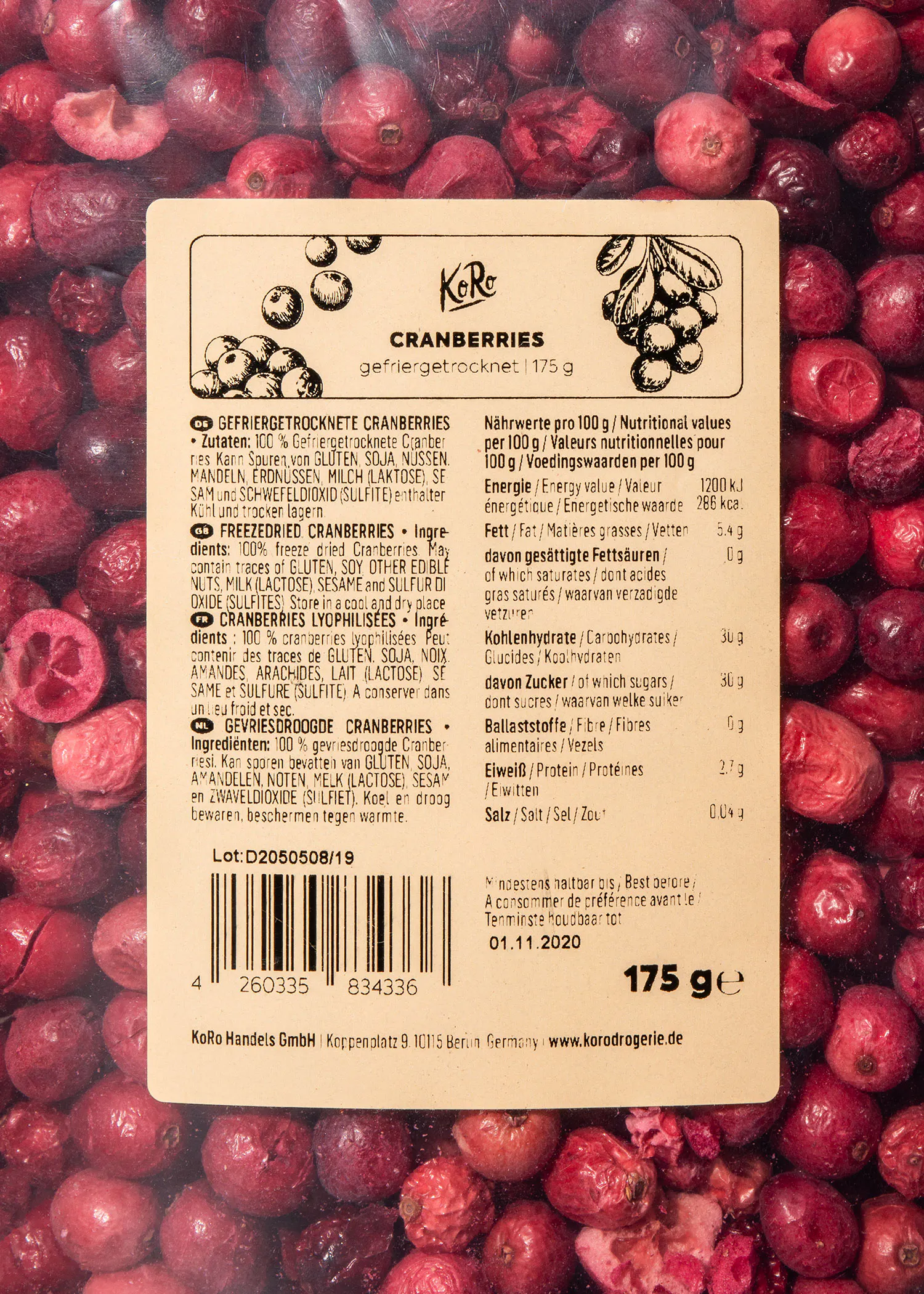 a package of cranberries contains 175 grams