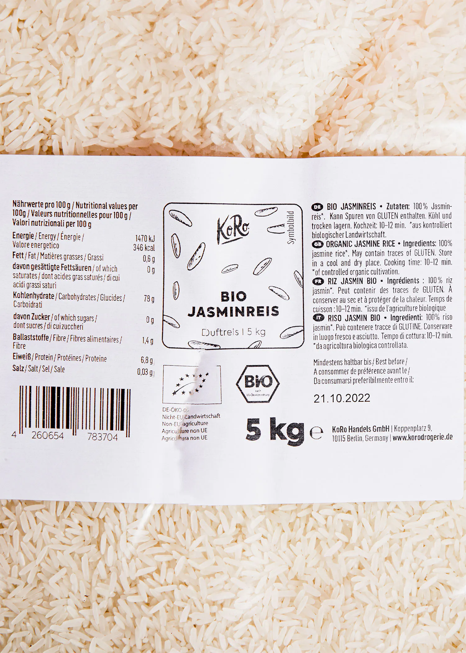 l' étiquette d' un sac de riz bio jasminreis