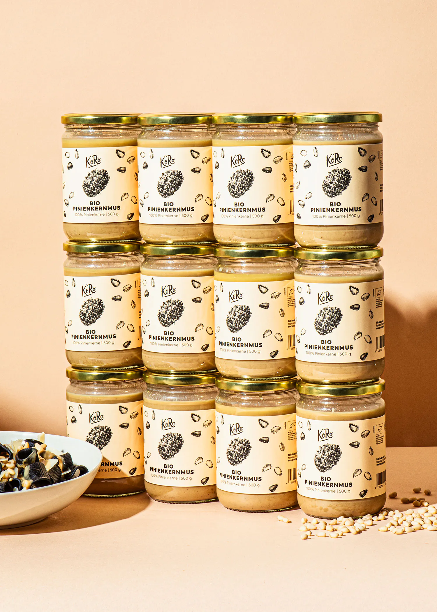 a stack of 12 jars of kirbe bio pinekernelus