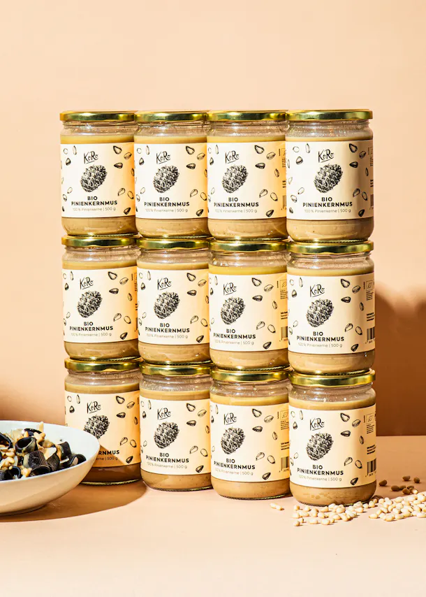 a stack of 12 jars of kirbe bio pinekernelus