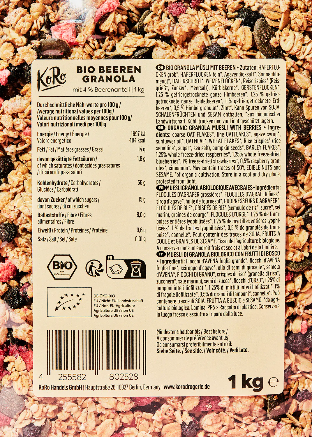 l' arrière d' un sac de granola bio aux baies