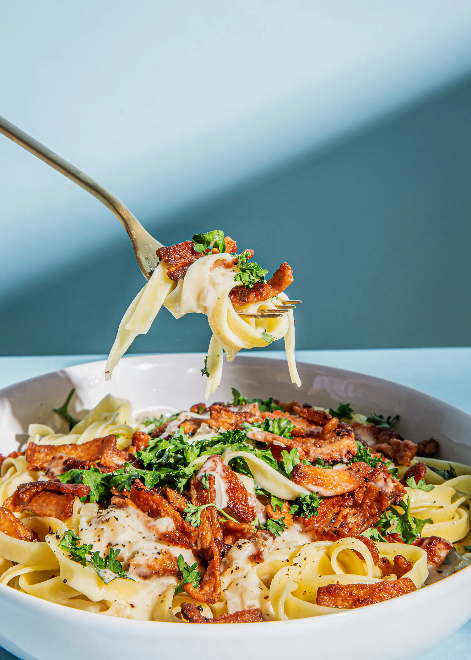 a close up of a plate of pasta with a fork in it