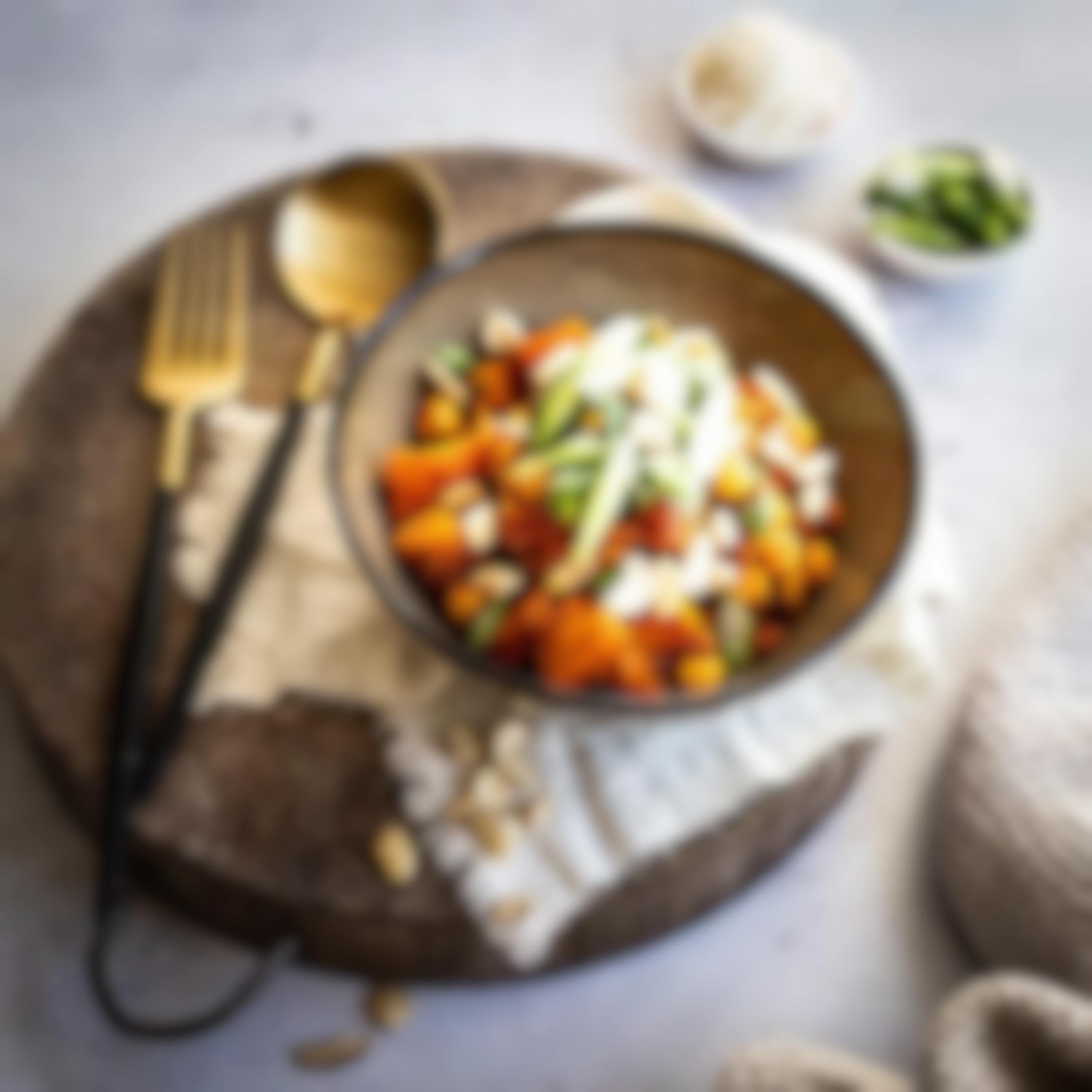 Pumpkin chickpea curry with rice and cashews