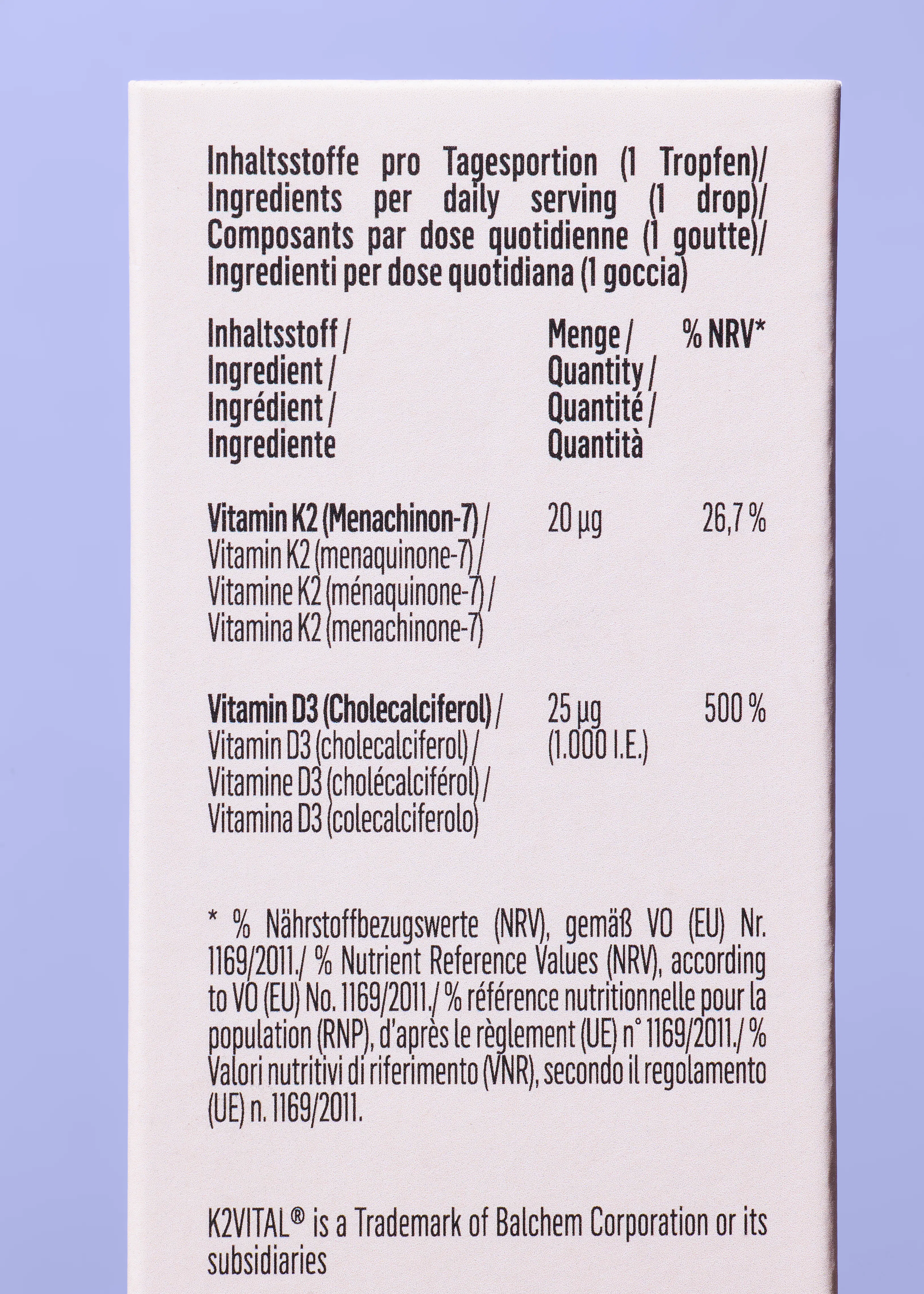 a nutrition label details ingredients per daily serving, showing 20 micrograms of vitamin k2 (26.7% nrv) and 25 micrograms of vitamin d3 (500% nrv), with trademark information for k2vital.