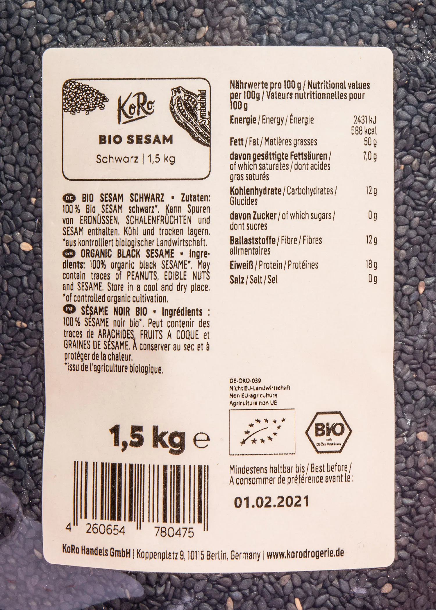 die Rückseite eines Bio-Seesam-Produktes