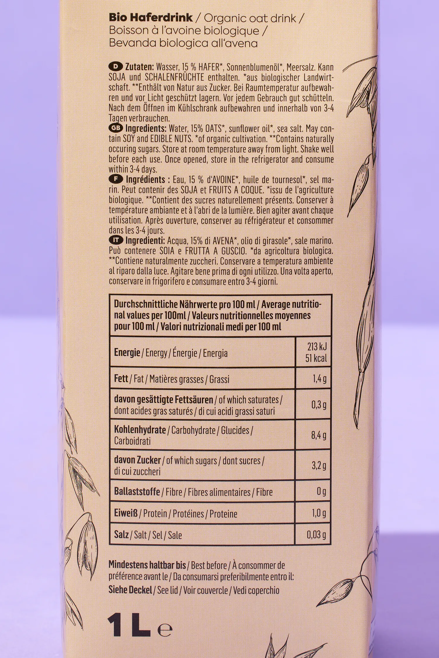 the back of a bottle of bio haferdrink