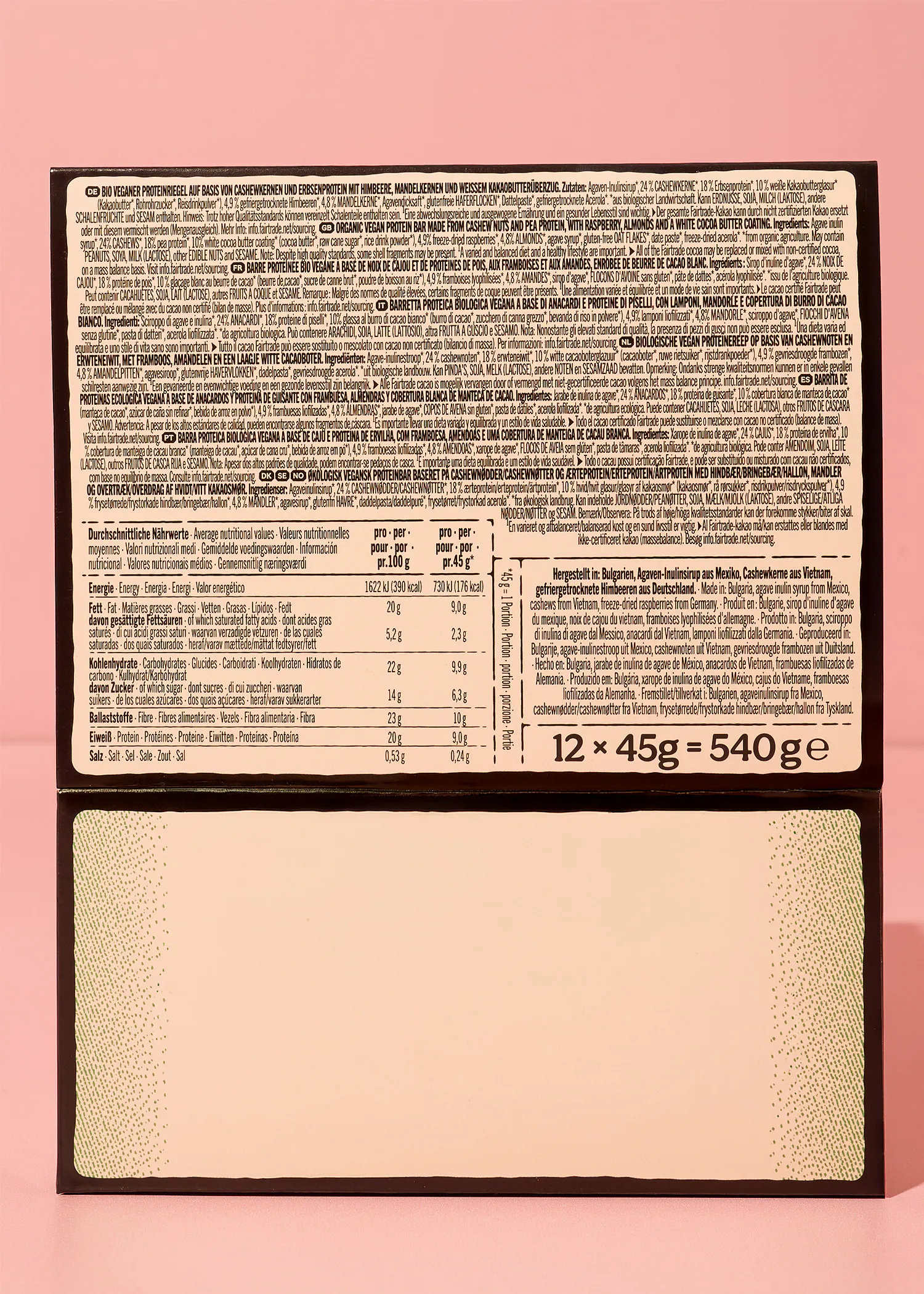 Barre protéinée vegan à la framboise & Choc blanc bio | 12 x 45 g