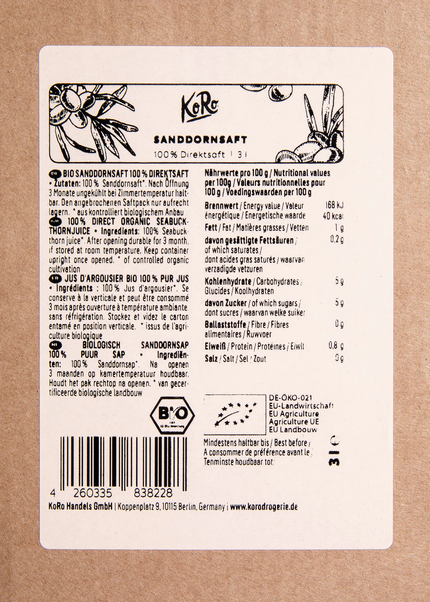 l' arrière de l' étiquette d' une bouteille de koré