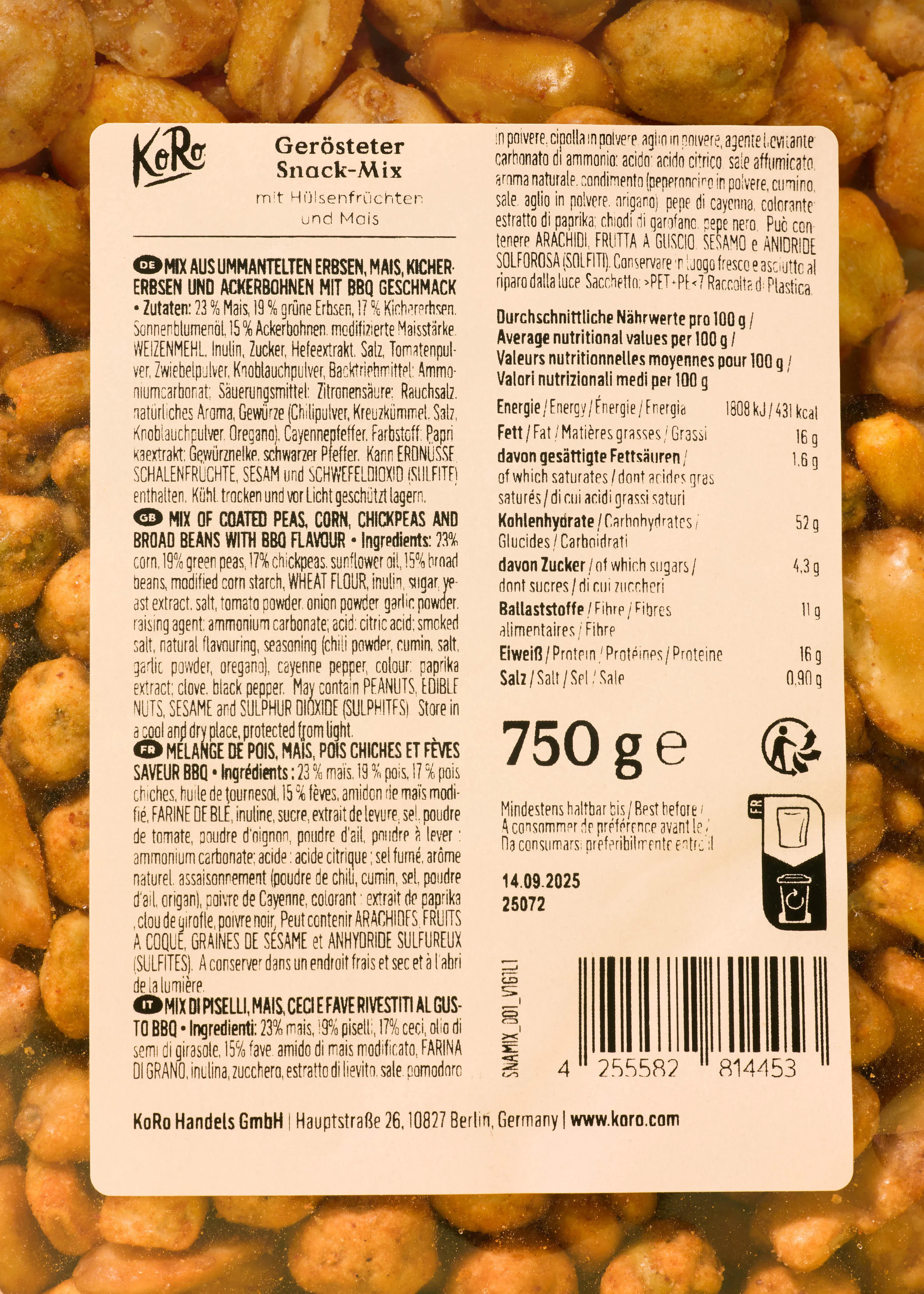 a label on a container of food says " gerosteter snack-mix "