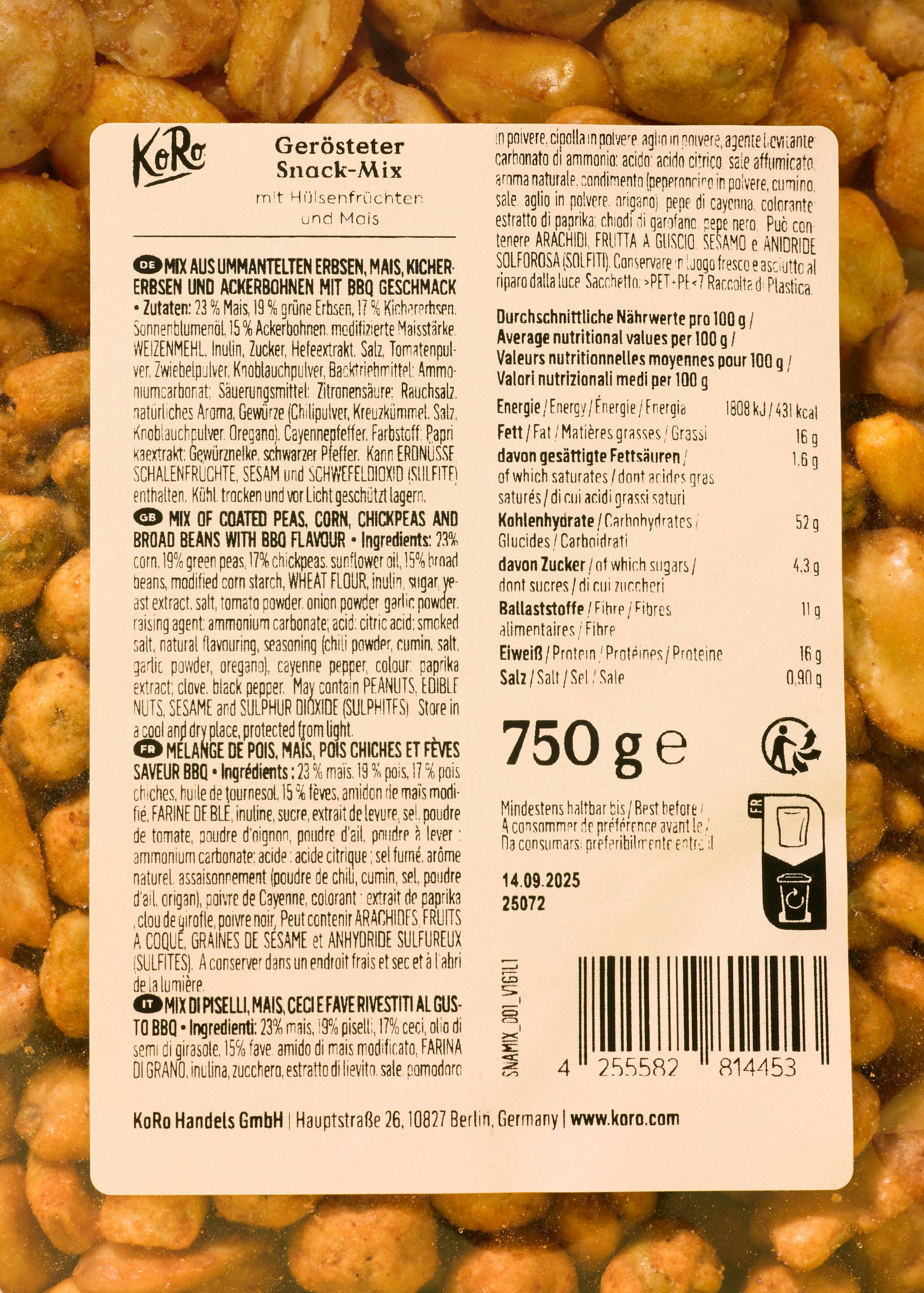 a label on a container of food says " gerosteter snack-mix "