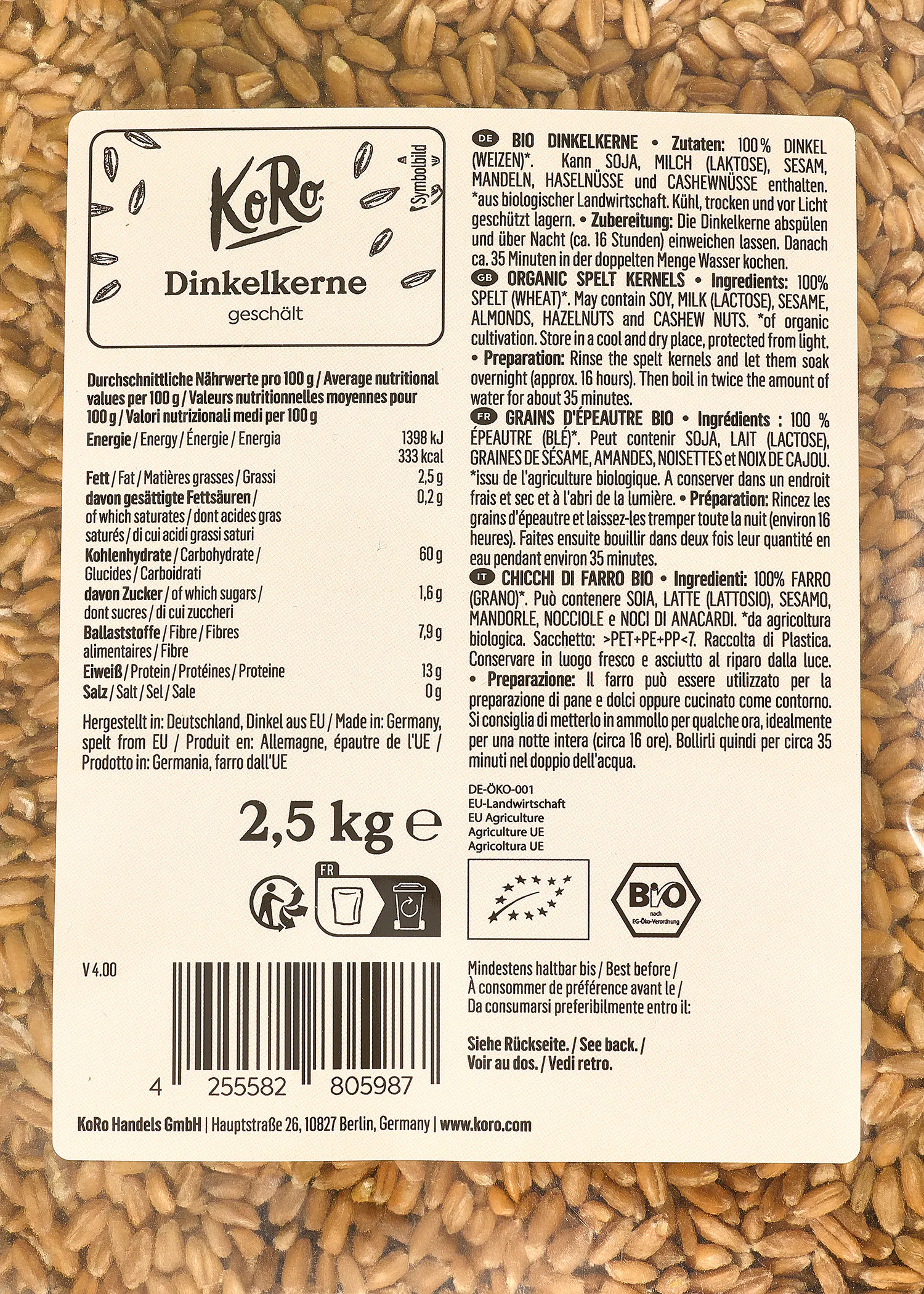 Dinkelkerne 5 Kg – Natürliches Füllmaterial Für Wärmekissen, Gereinigt & Staubarm