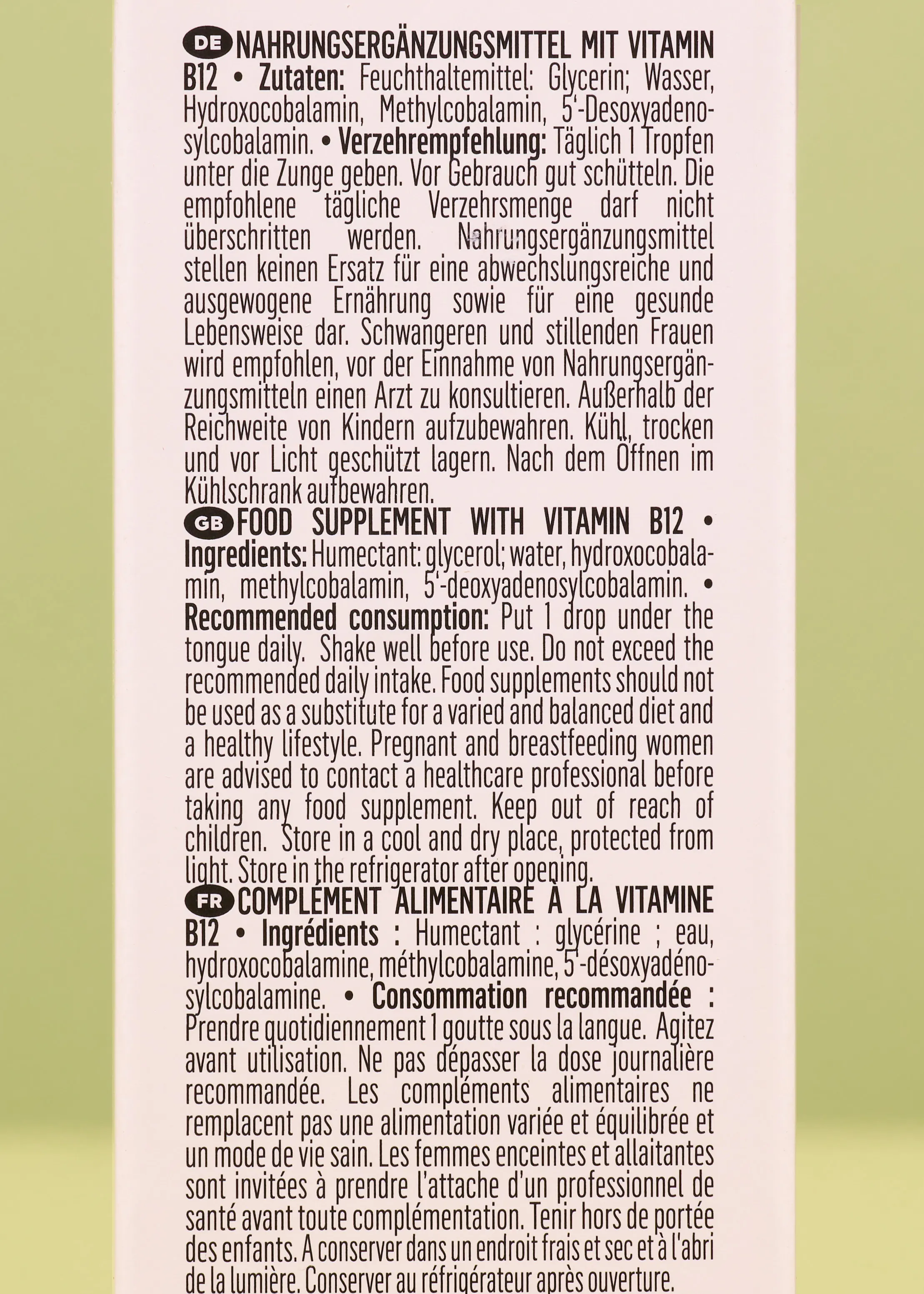 eine Nahaufnahme der Rückseite eines Nahrungsergänzungsmittels mit vitamin b12