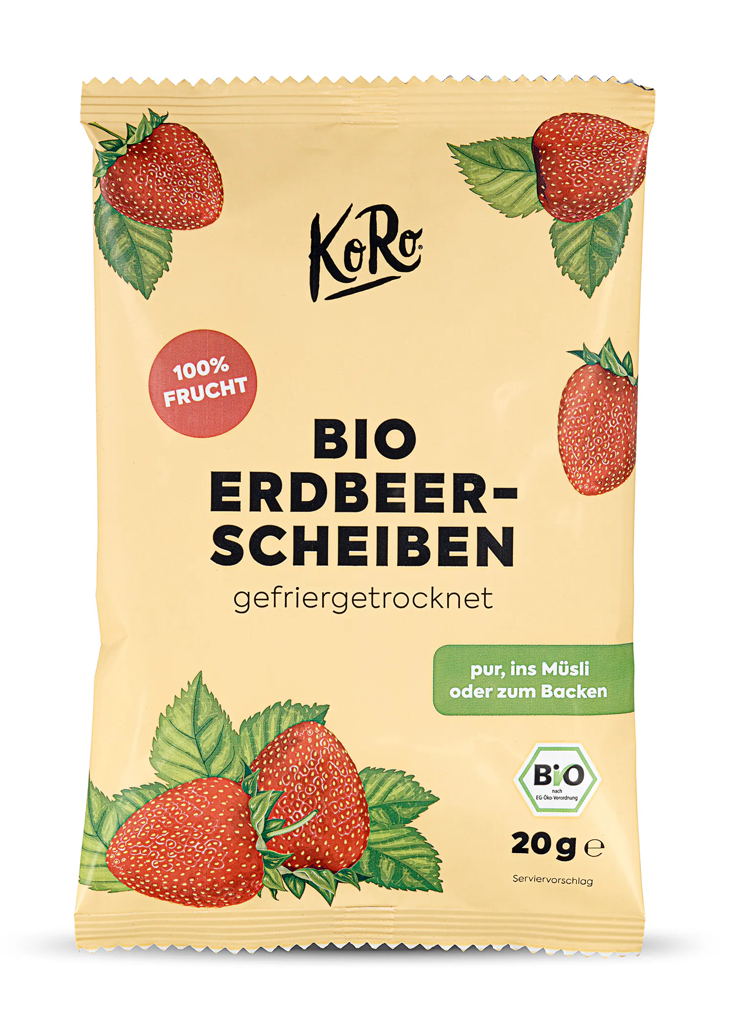 a bag of bio erdbeer-scheiben gefriergetrocknet
