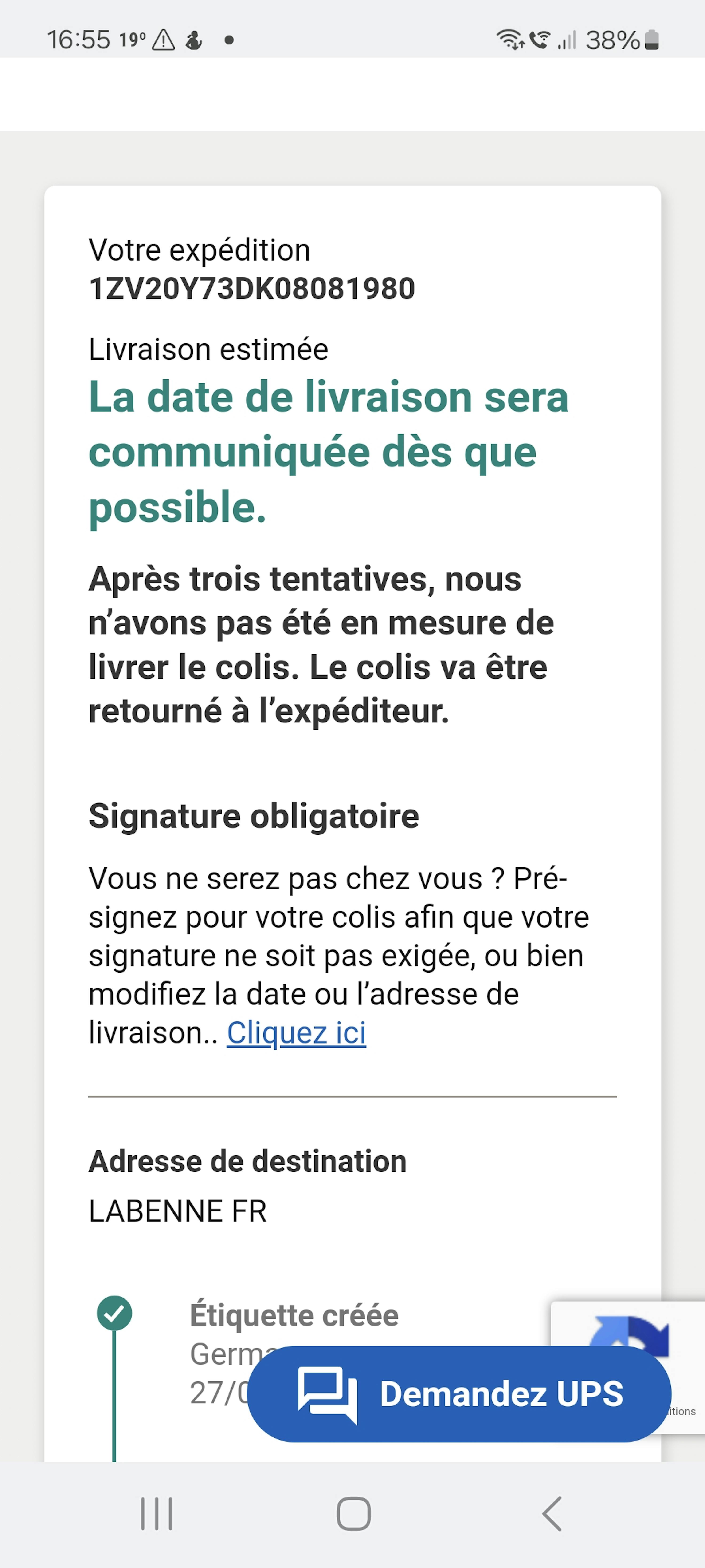 un screenshot di un telefono cellulare che mostra la data di consegna