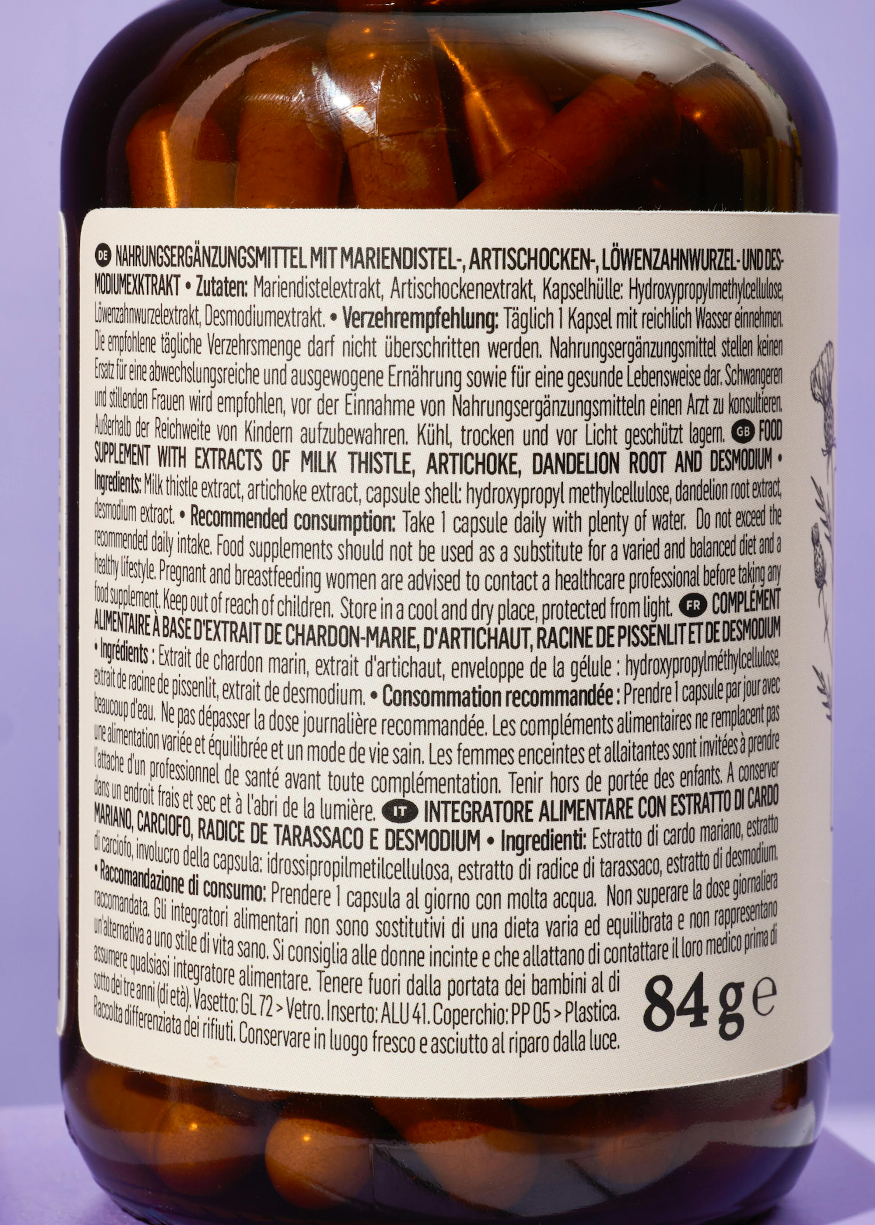 die Rückseite einer Flasche mit 84g kapseln