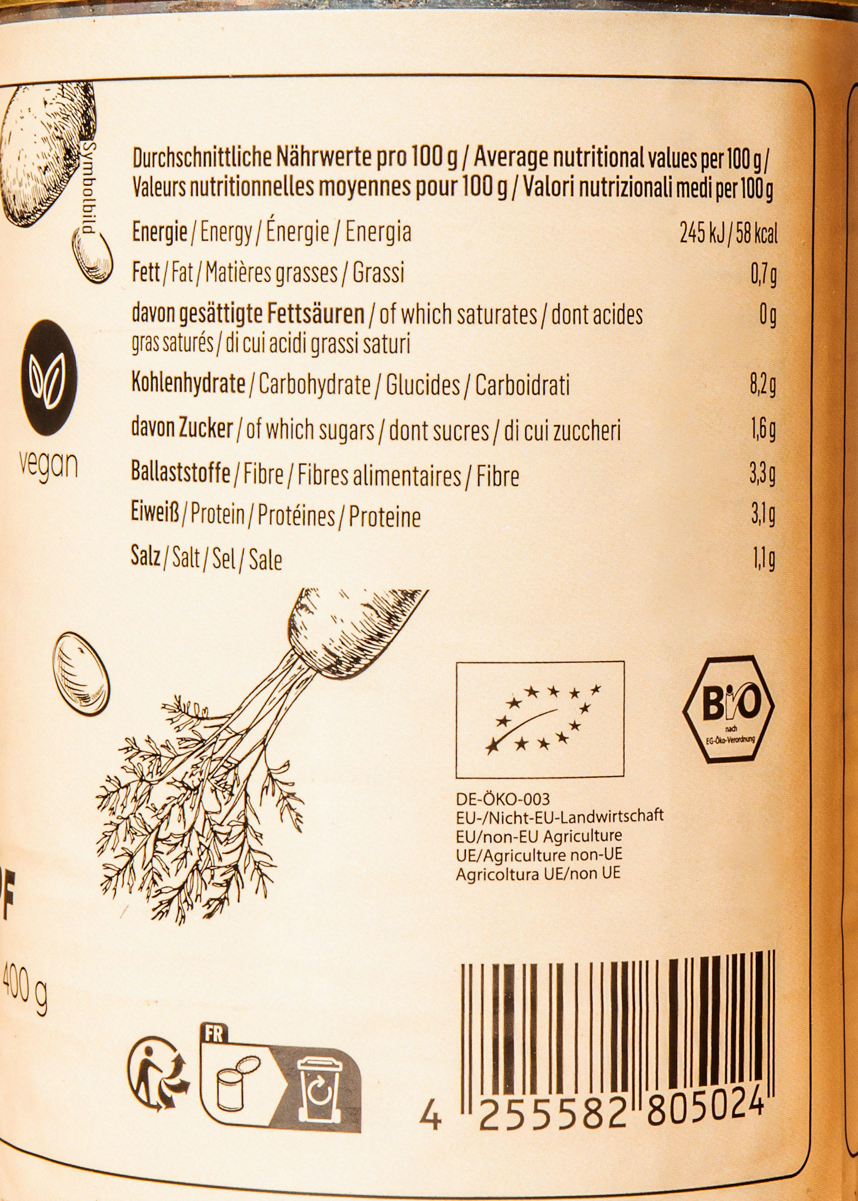 la etiqueta de una lata de comida muestra los valores nutricionales por 100 g