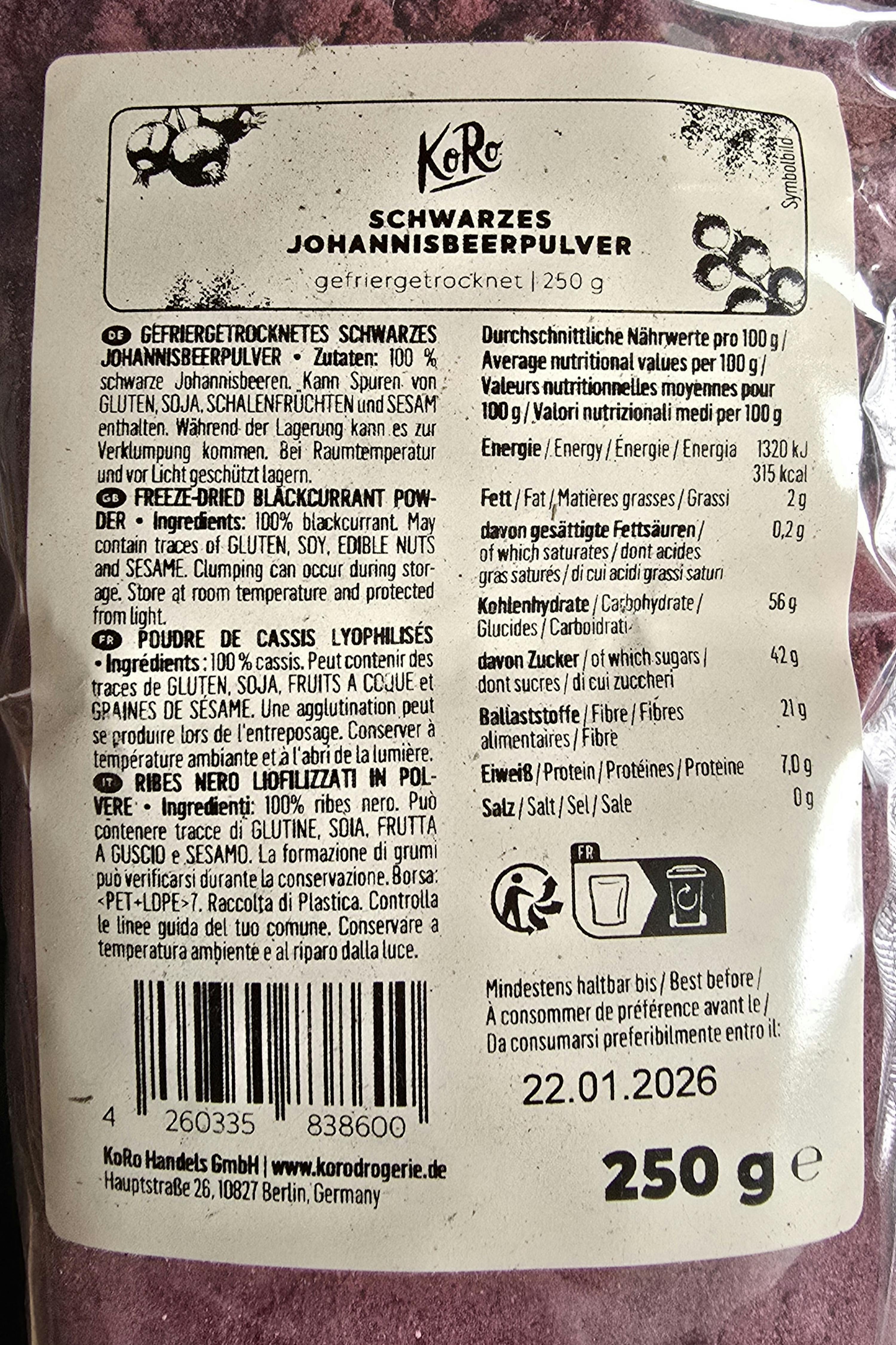die Rückseite einer 250 g Flasche schwarzes johannisbeerpulver