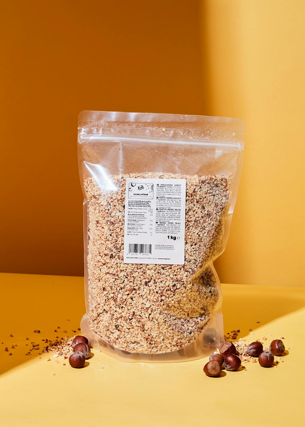 Roasted and chopped hazelnuts 1kg a bag of hazelnuts sits on a table