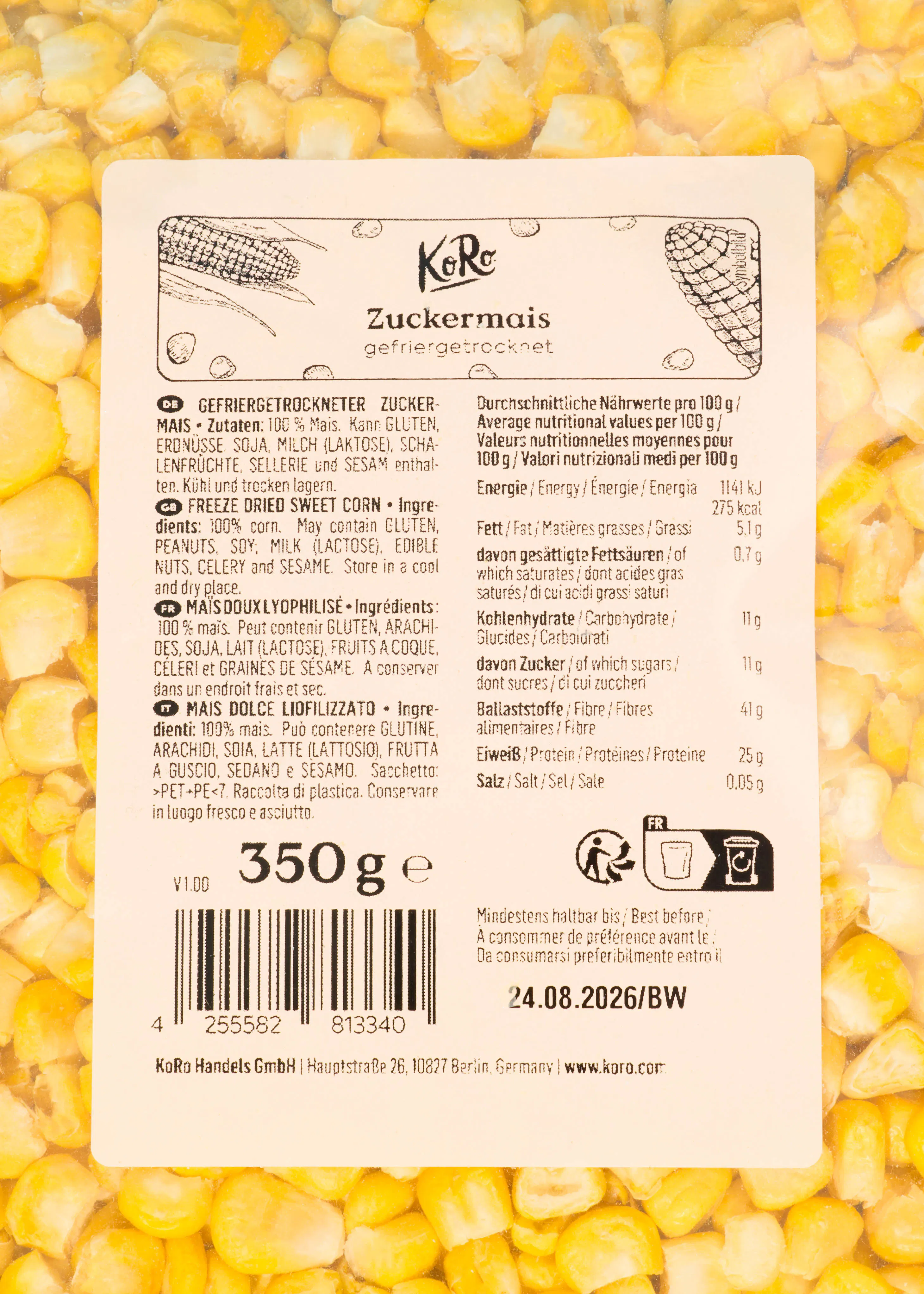 the back of a package of corn shows the nutritional facts