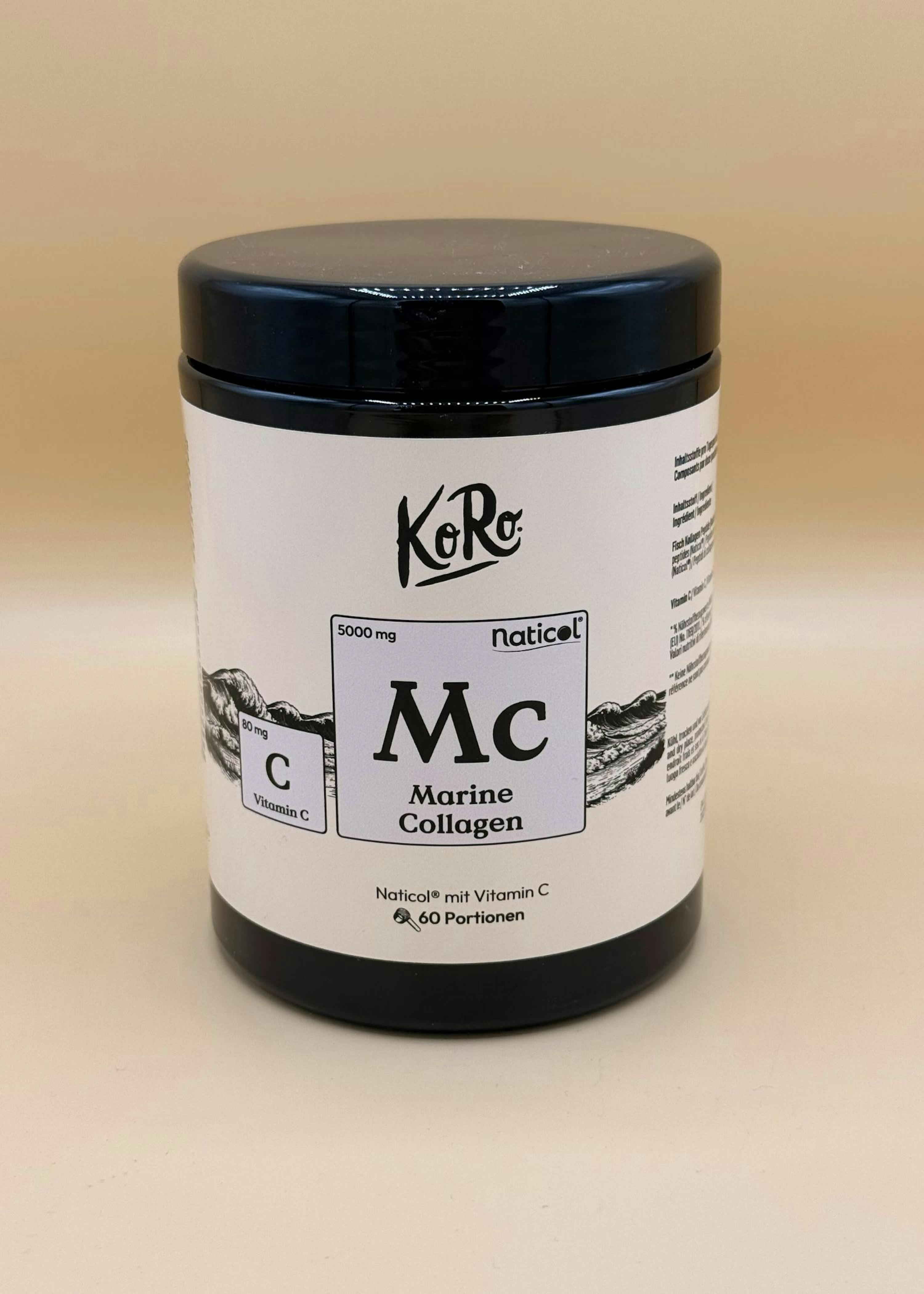 ein weißer und schwarzer behälter mit koro naticol marine kollagen, 5000 mg, vitamin c und 60 portionen.