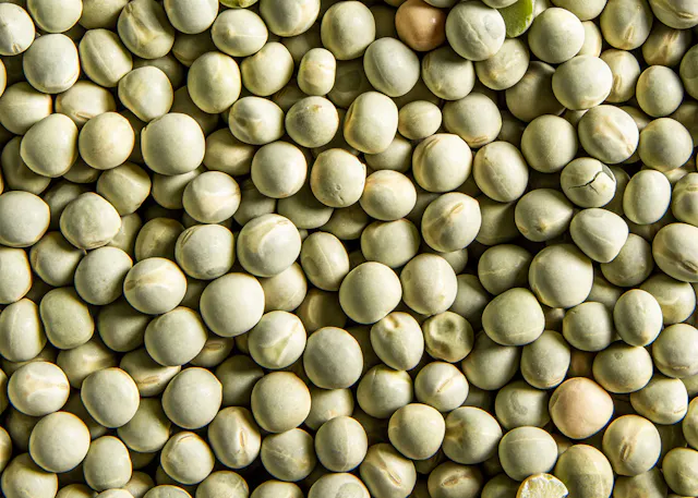 a close up of a pile of green peas with one missing a seed