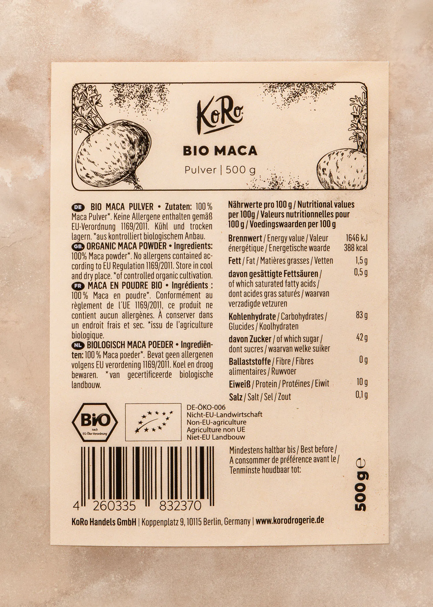 l' arrière d' une boîte de poudre bio maca