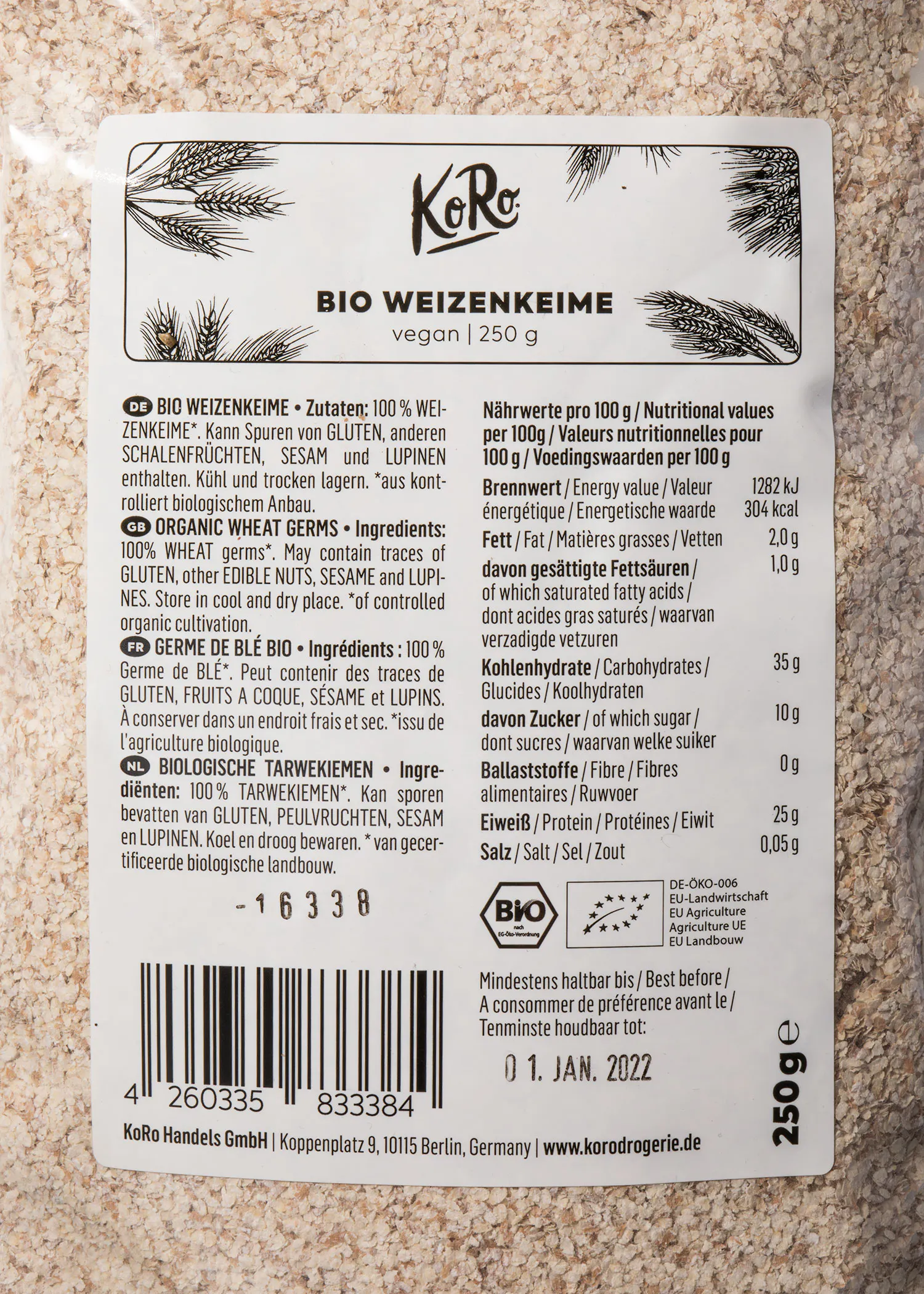 die Rückseite einer 250g-Box von bio Weizenkeime