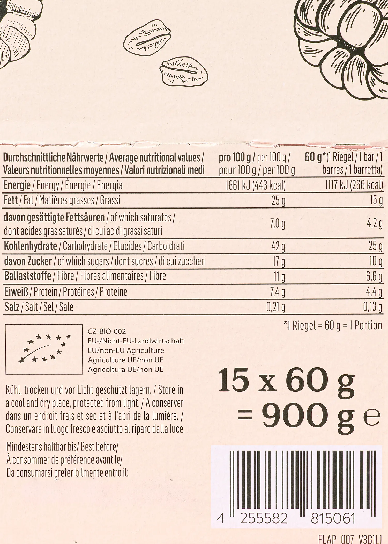 eine Packung mit 15 x 60 g steht auf einem Tisch