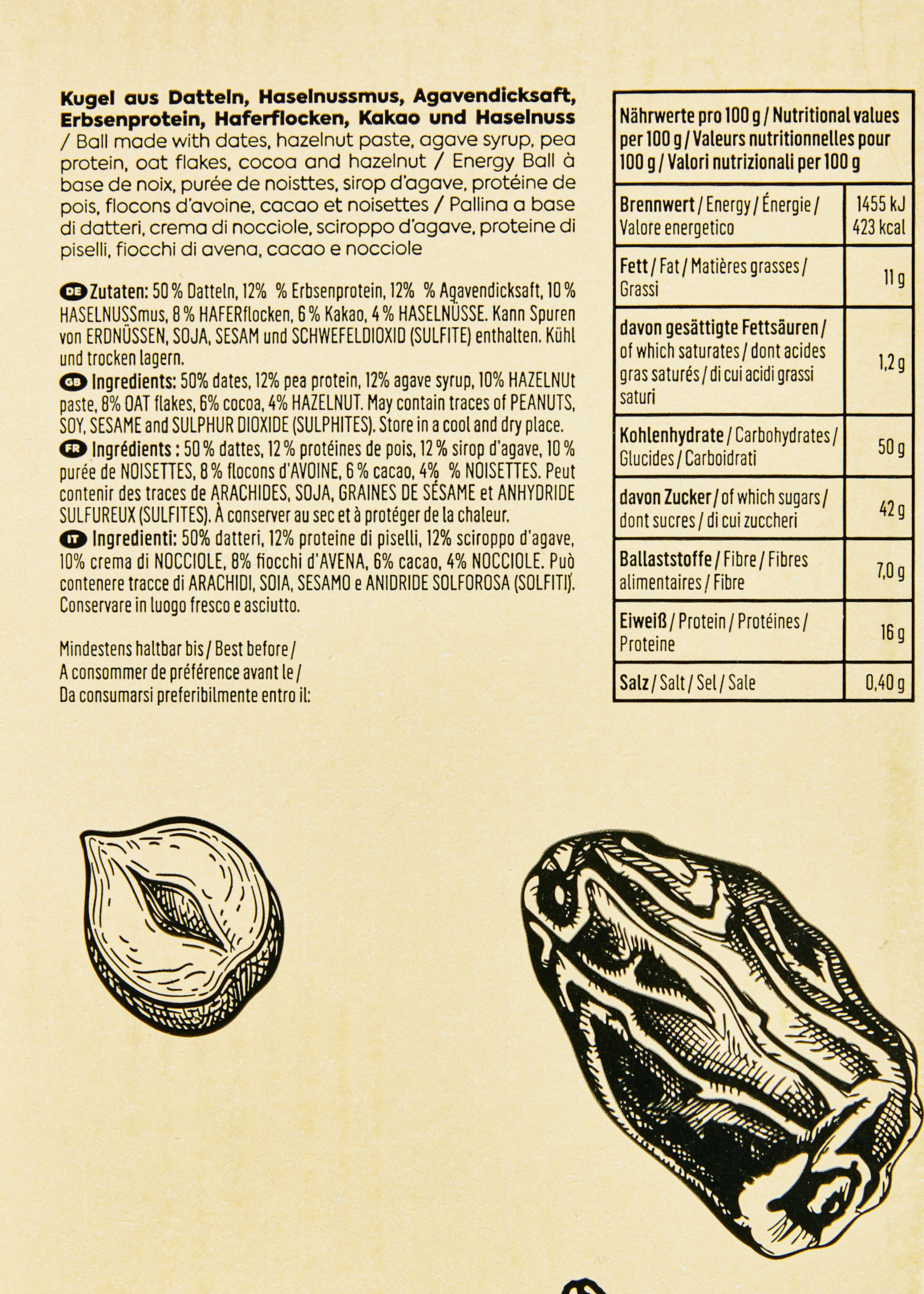 die Rückseite einer Schachtel datteln zeigt die Nährwerte