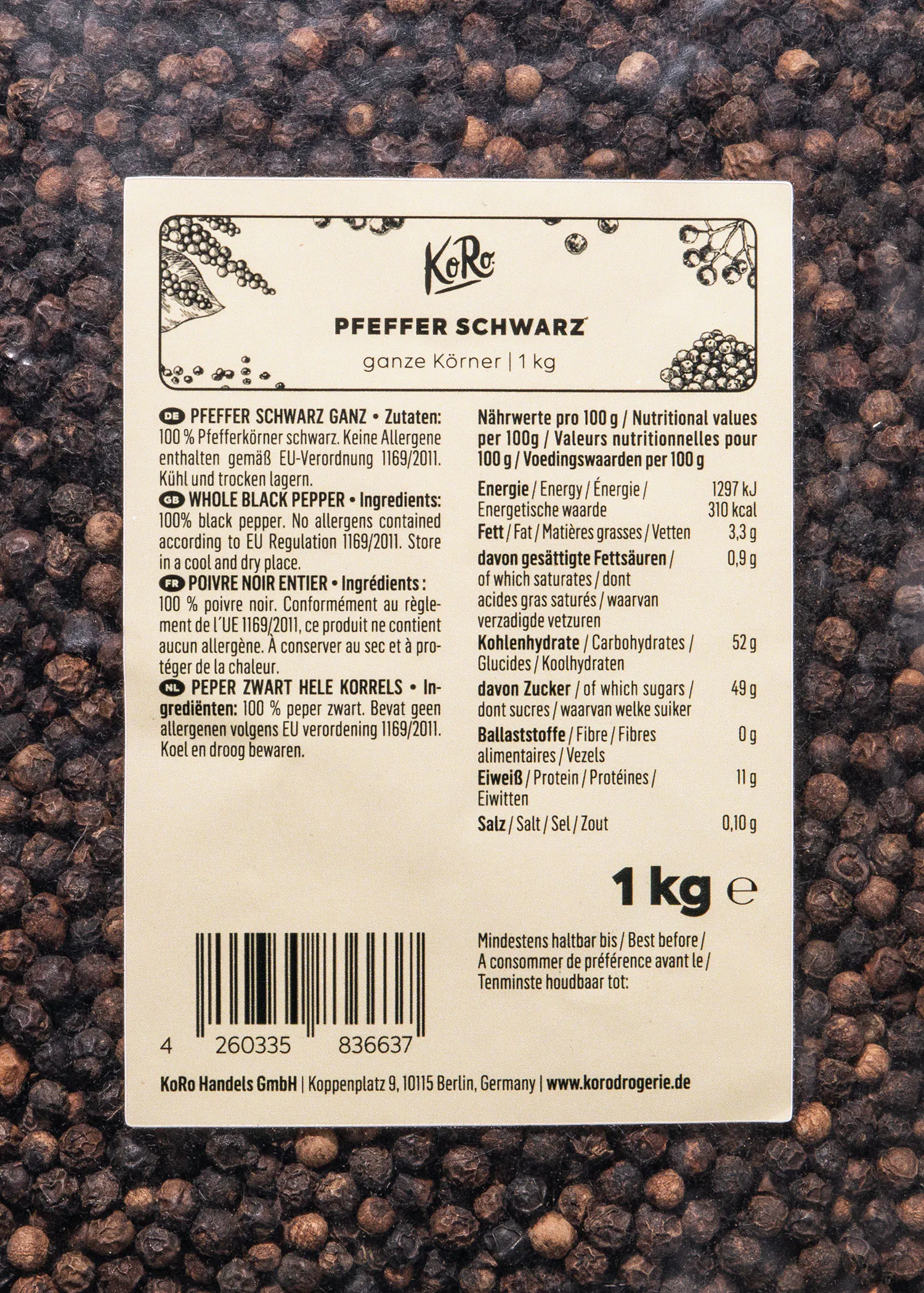 the back of a package of whole black pepper says 1 kg