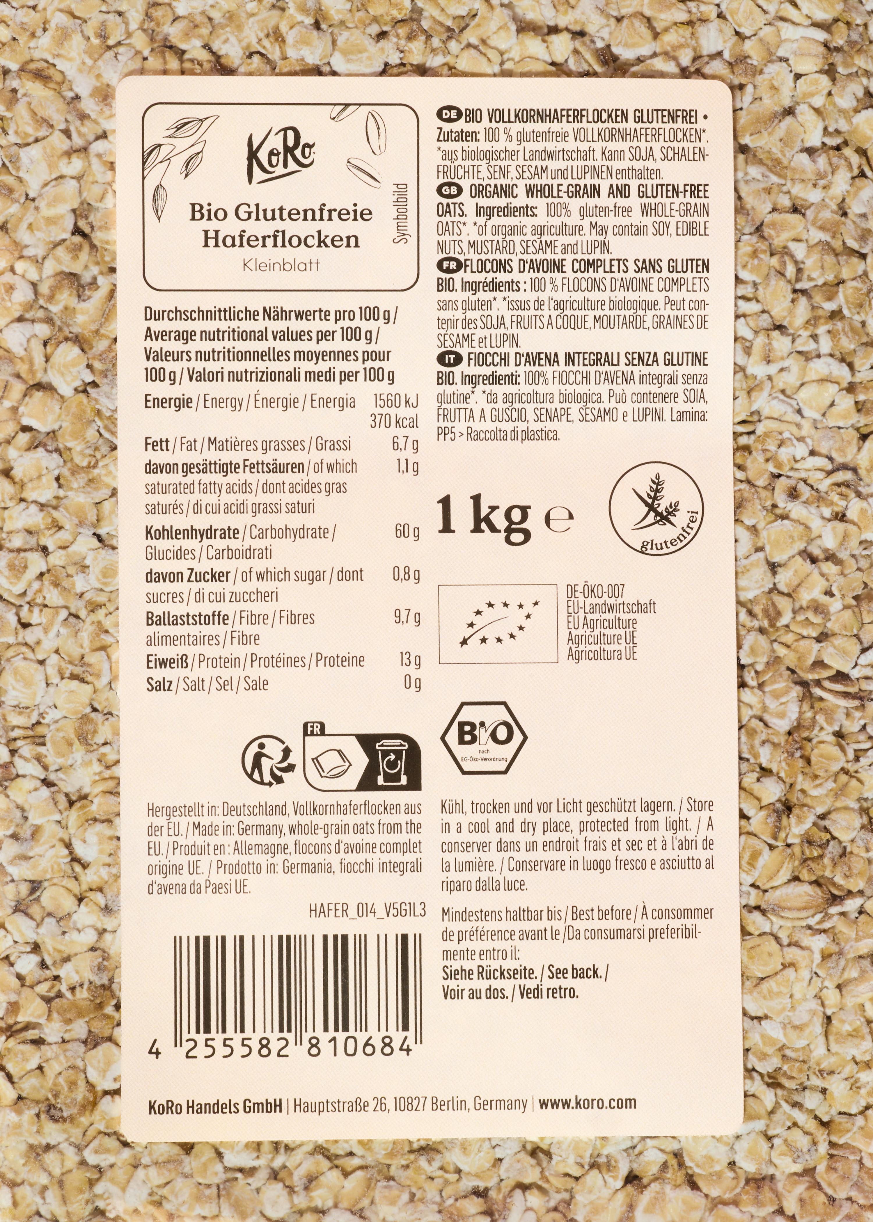 a 1 kg package of koro organic gluten-free oat flakes with nutritional information and organic certifications.