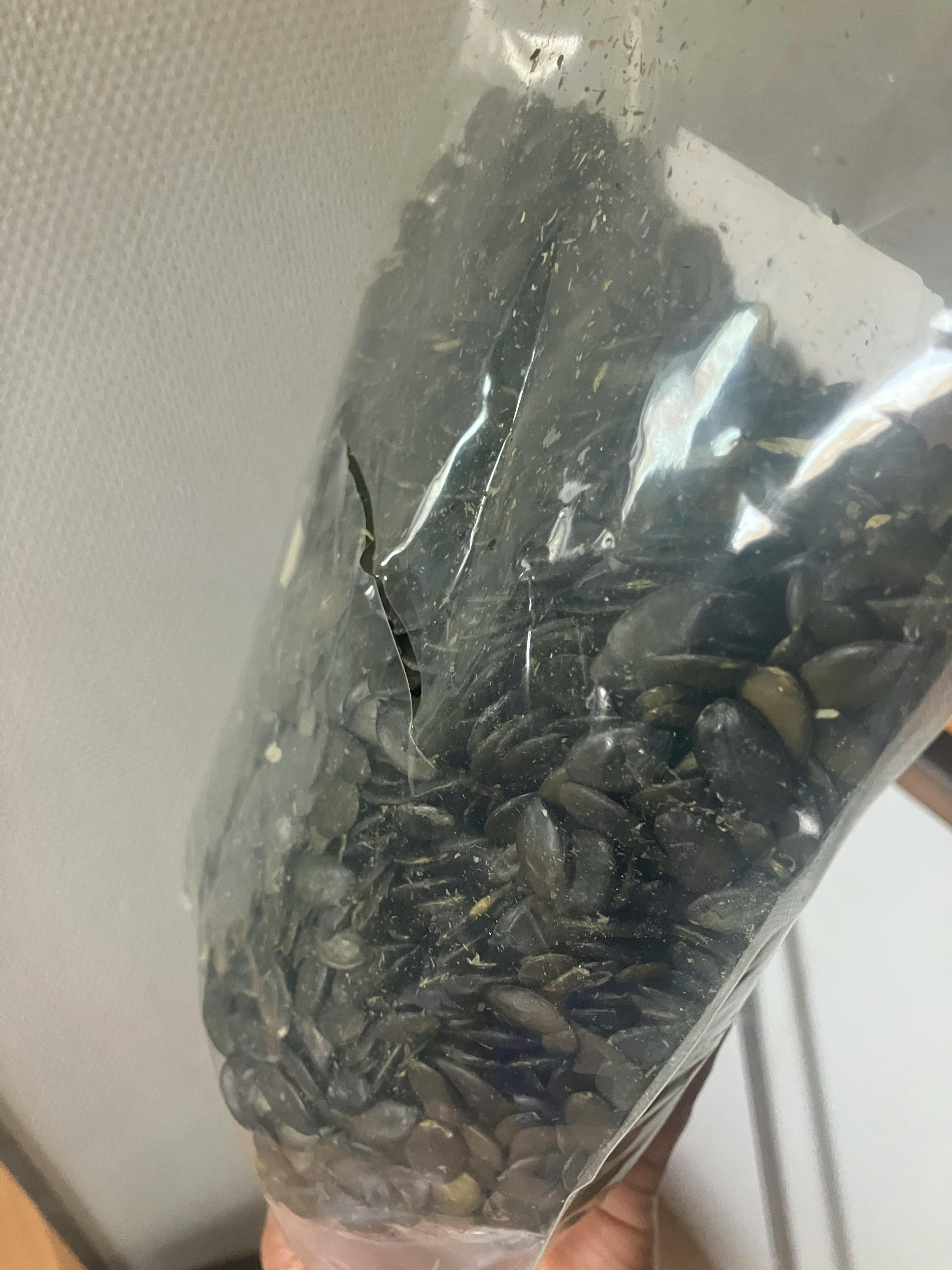 un sacchetto di plastica trasparente pieno di semi di zucca scuri.