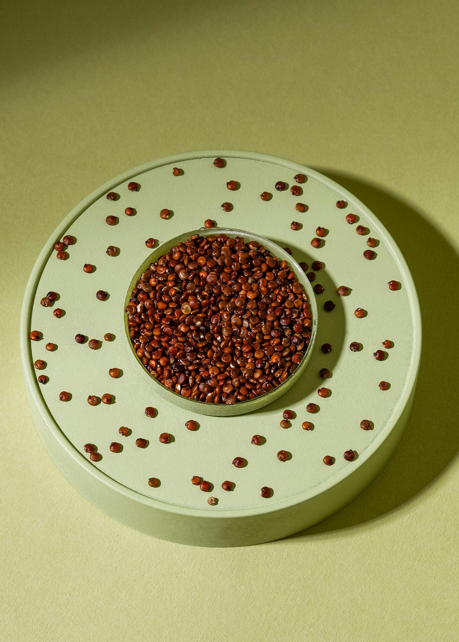 a bowl of red beans sits on a green plate
