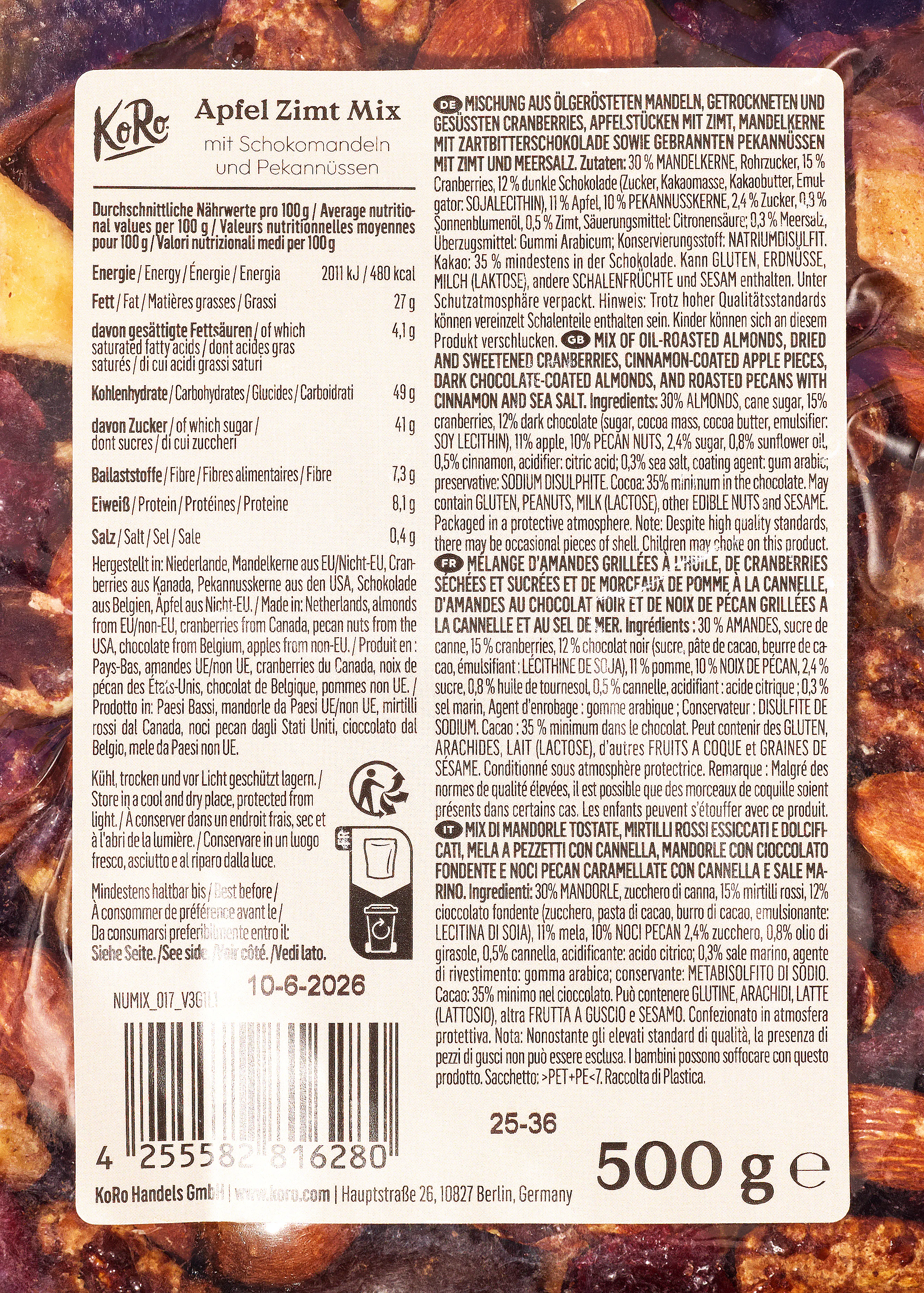 Mélange pomme-cannelle avec amandes chocolatées et noix de pécan 500 g