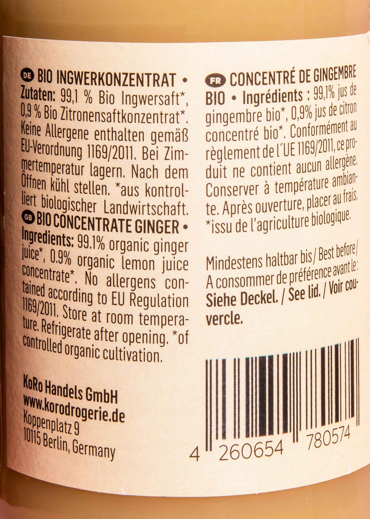 le dos d' une bouteille de concentré de gingembre bio