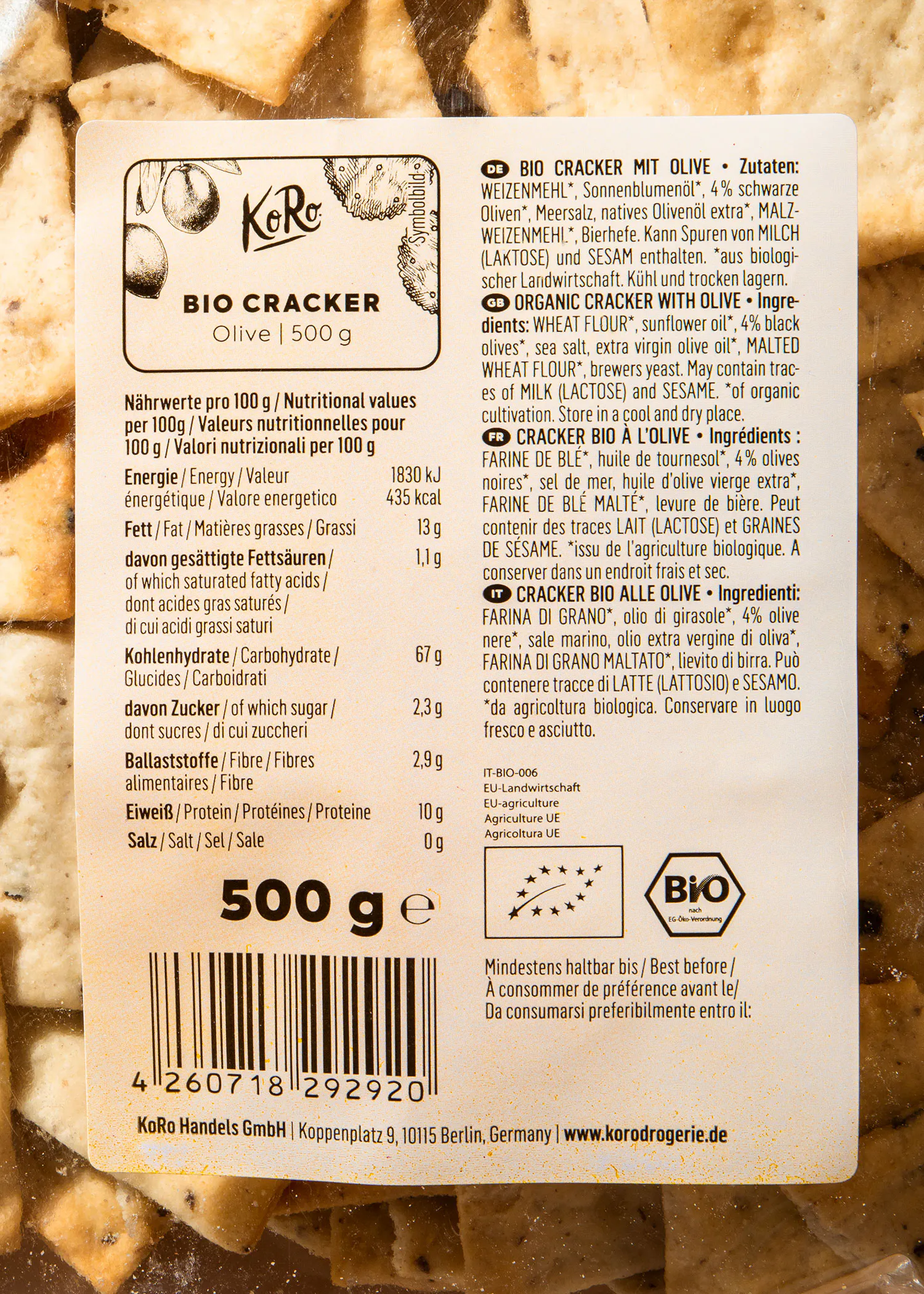 die rückseite einer 500g-packung bio-cracker