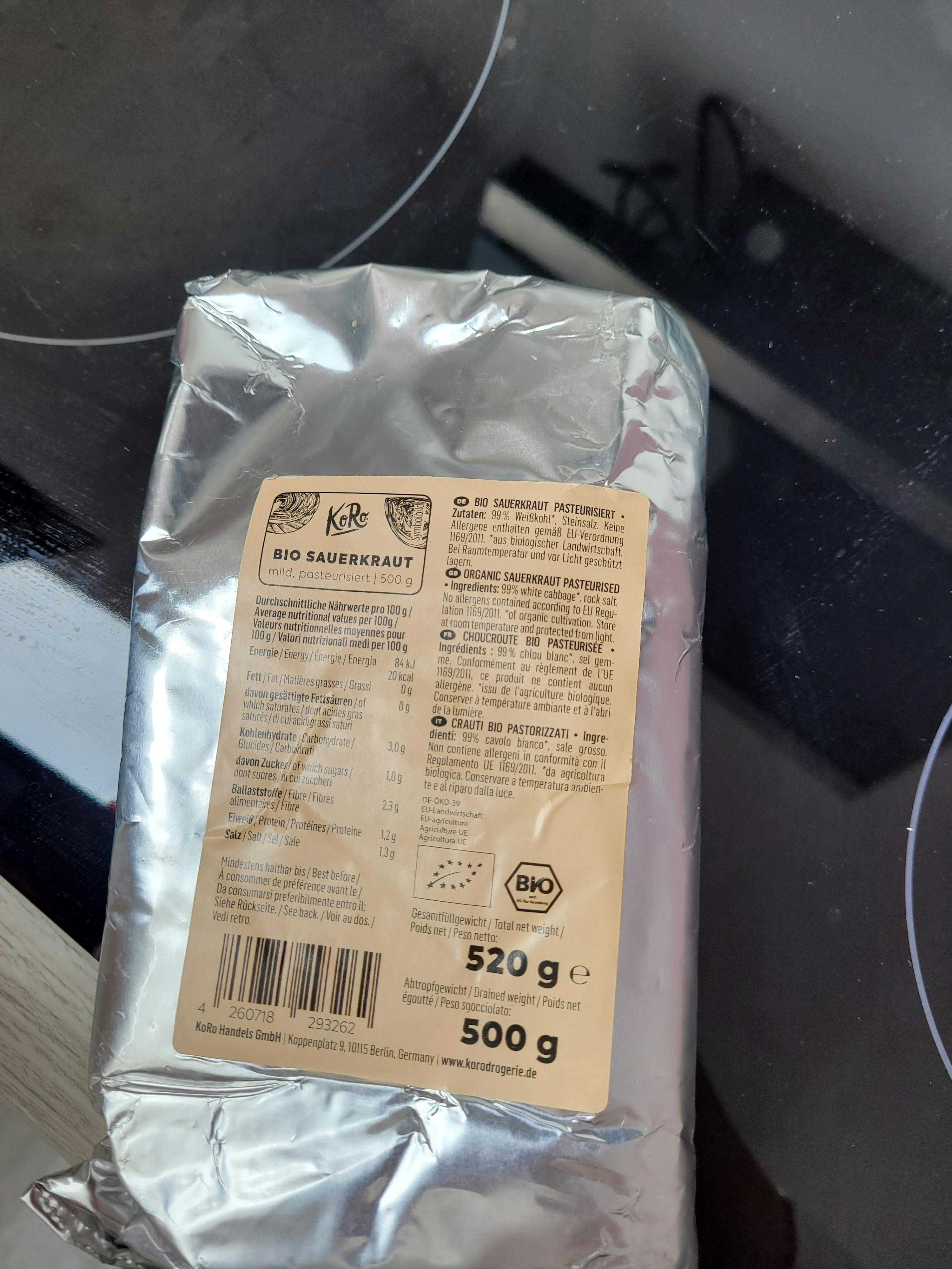 a package of bio sauerkraut sits on a stove