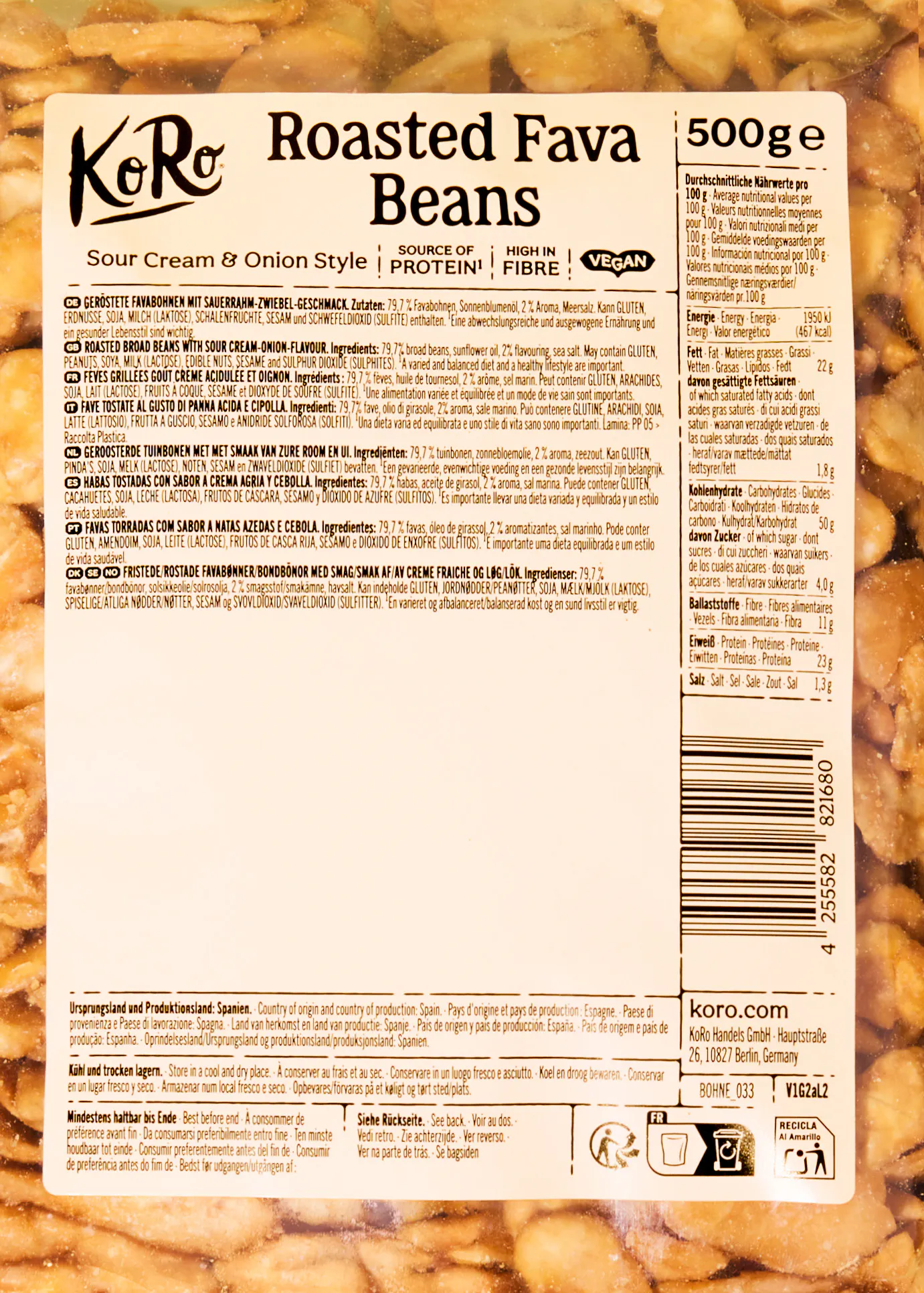 confezione di fave tostate koro al gusto panna acida e cipolla con etichetta informativa e valori nutrizionali.