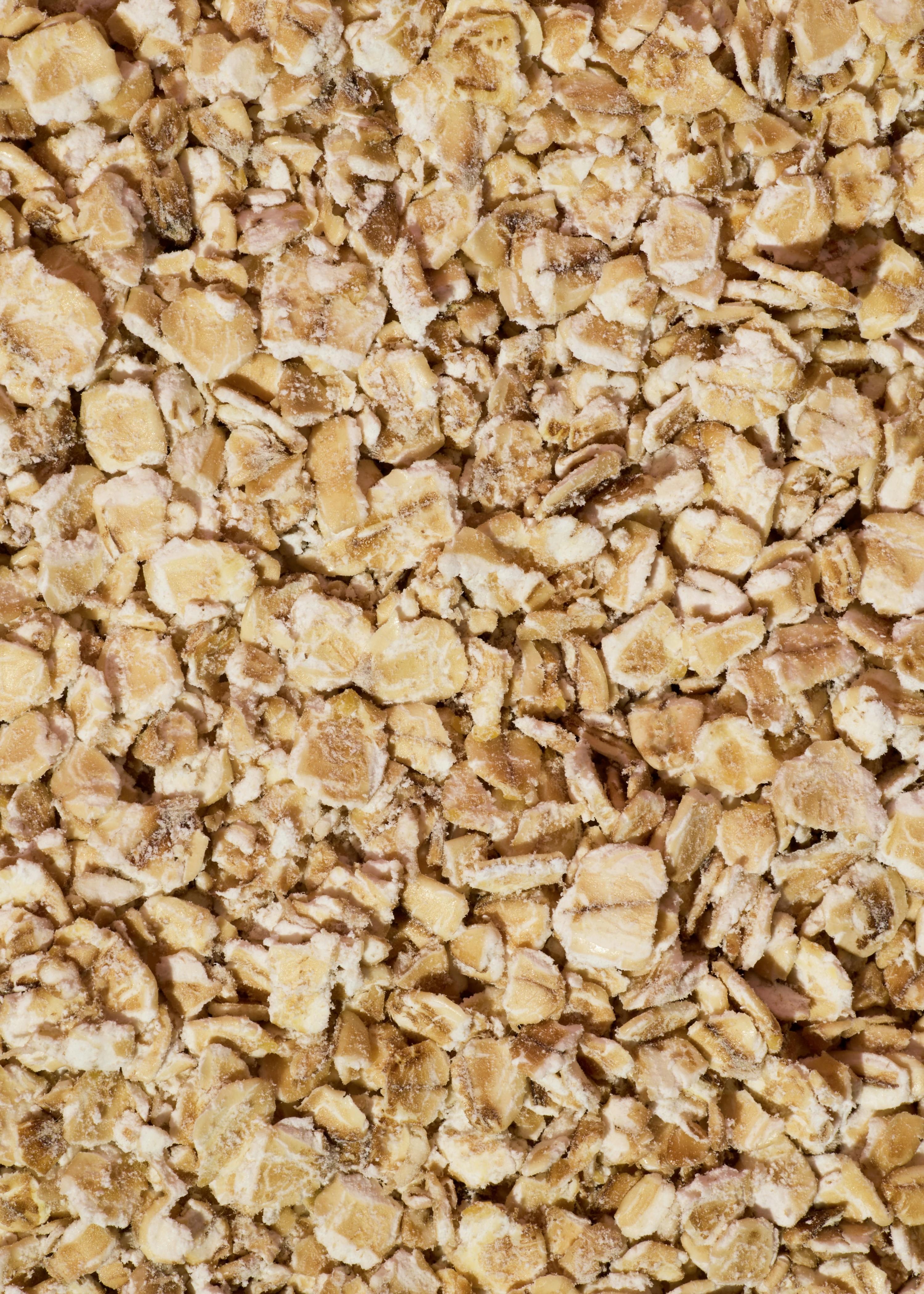 una vista ravvicinata di fiocchi d'avena secchi e laminati, di colore beige chiaro e marrone.
